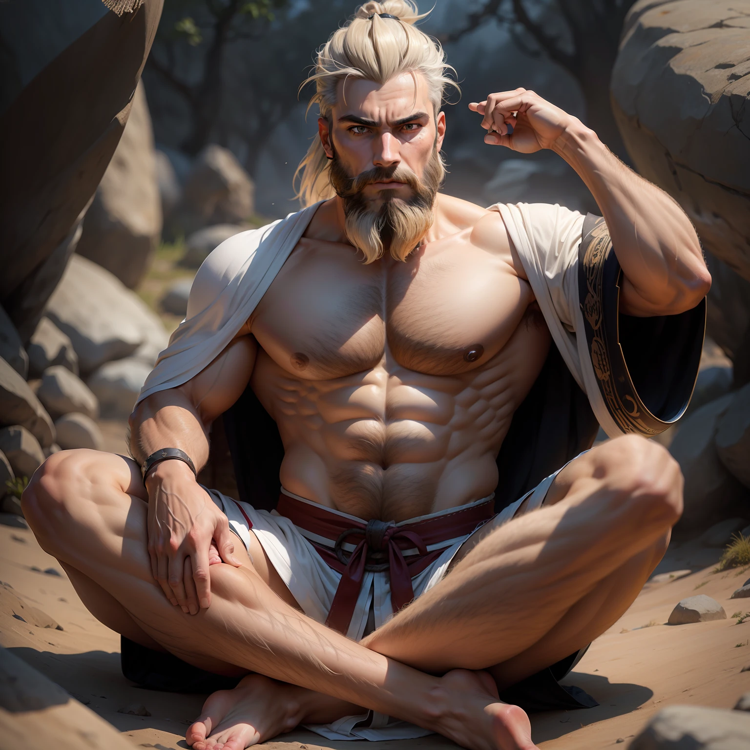 Homem idoso de cabelo branco e curto, barba branca e curta, usando uma roupa de samurai de pano branca, meditando em uma montanha.