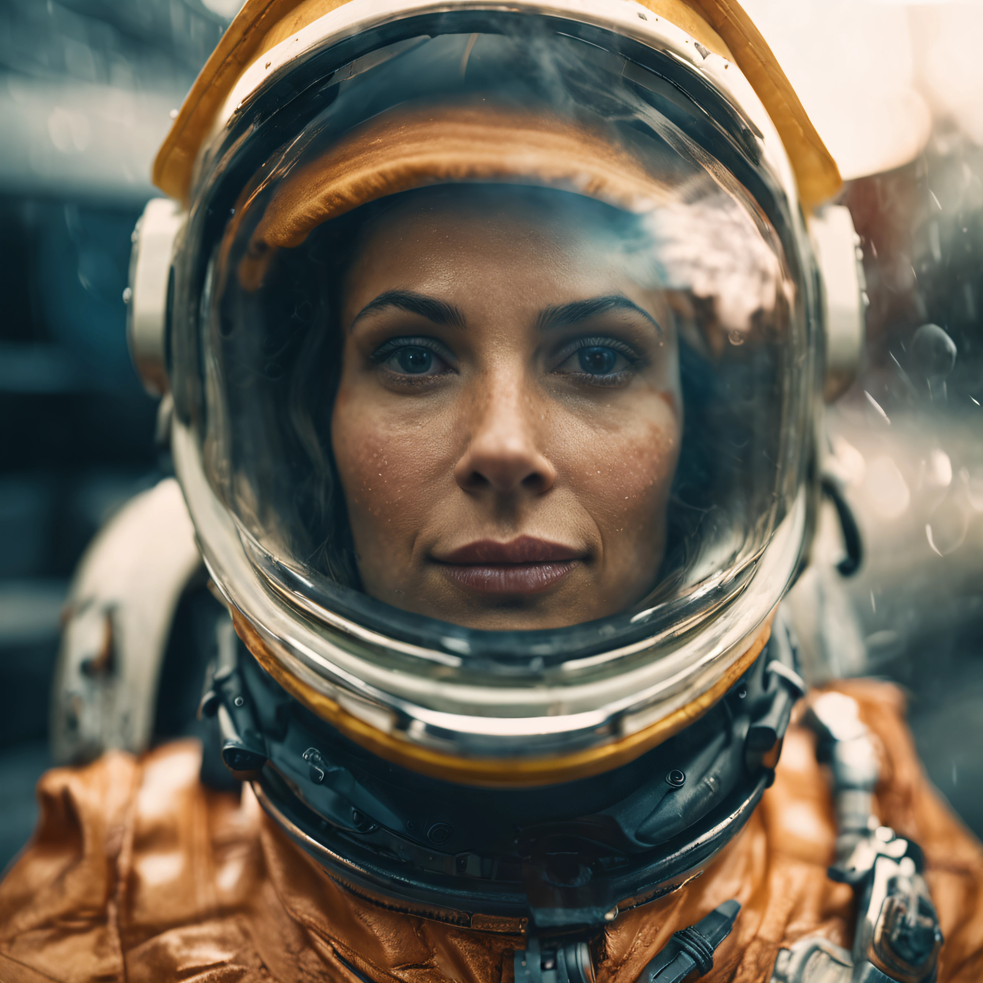 An extreme close up of a woman wearing astronaut helmet, raindrops on the helmet's visor