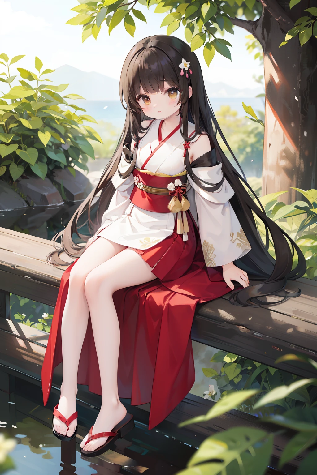 The whole body sits on the edge of the tree with a bellflower,((Brown eyes))),Jet-black hair, white kimono, full red long skirt