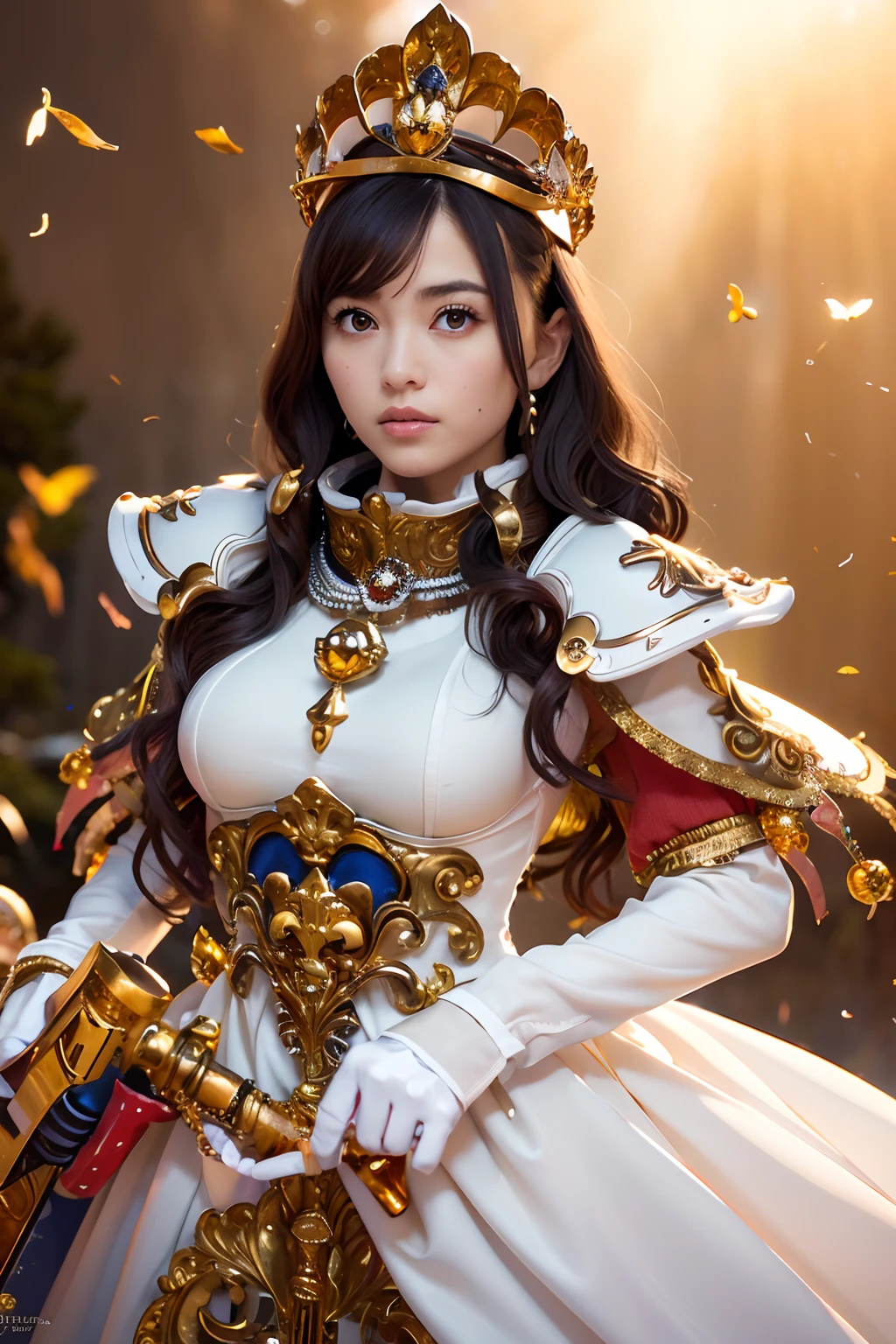 (masutepiece), Professional , ​masterpiece、top-quality、photos realistic , depth of fields ,（Wind element），close-up，dream magical，tornado，Lightning，（Gemstone Gold Jewel Body:1.６),(Matte White、Jewel Gold Weapon_、（Metal:1.４),Gorgeous Jewel Metal Weapons ,(( Detailed Sword of the Brave)) ,（Stand in front of the dragon）、（magic circles、Magic Chanting）、  Castle background  ,warhammer 40k , adepta sororitas,Wear a gorgeous jewel helmet with attention to detail、Brown hair、（(Gangle's forest background))、Beautiful Caucasian beauty、１a person、dynamic ungle,(((Legendary Armor Jewelry Helmet)))、Particles of light、cleavage of the breast、Battle Pose、Mystical expression、
