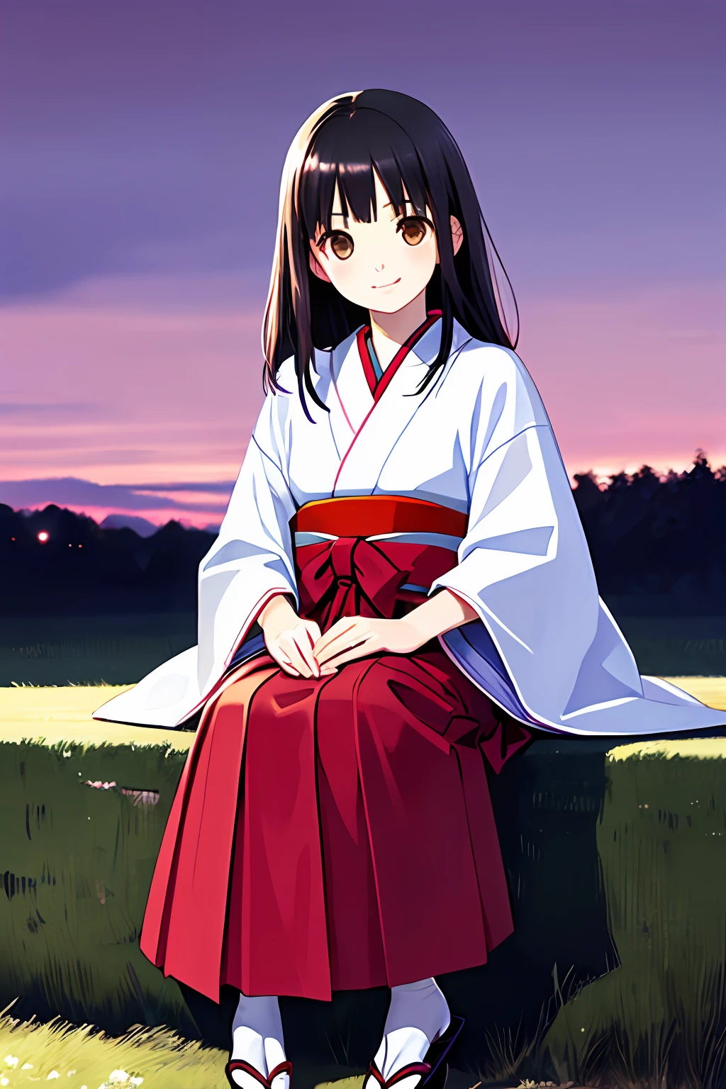 Frontal photography full body sitting by a tree holding bellflower,((Brown eyes)))red long skirt,Jet-black hair without a headgear, White kimono all over, Photorealistic, (Hyperrealistic:1.2), Perfect eyes, Perfect face, Perfect lighting, Outdoors, Warm colors, Deep purple sky, Smug, ventania, Village at night