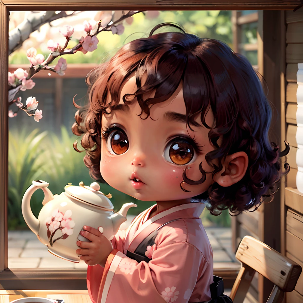 Cute brown skinned baby chibi anime, with freckles,white and pink kimono, drink tea, curly black hair, in a frame, in a teapot, cherry blossom