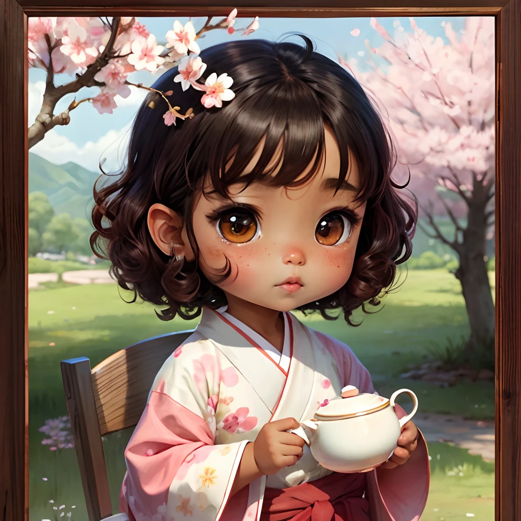 Cute brown skinned baby chibi anime, with freckles,white and pink kimono, drink tea, curly black hair, in a frame, in a teapot, cherry blossom