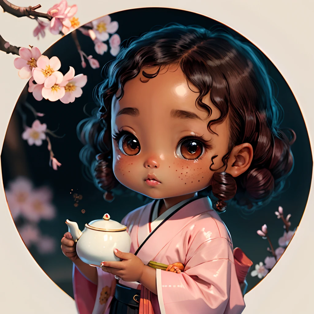 Cute brown skinned chibi anime, with freckles,white and pink kimono, drink tea, curly black hair, in a frame, in a teapot, cherry blossom