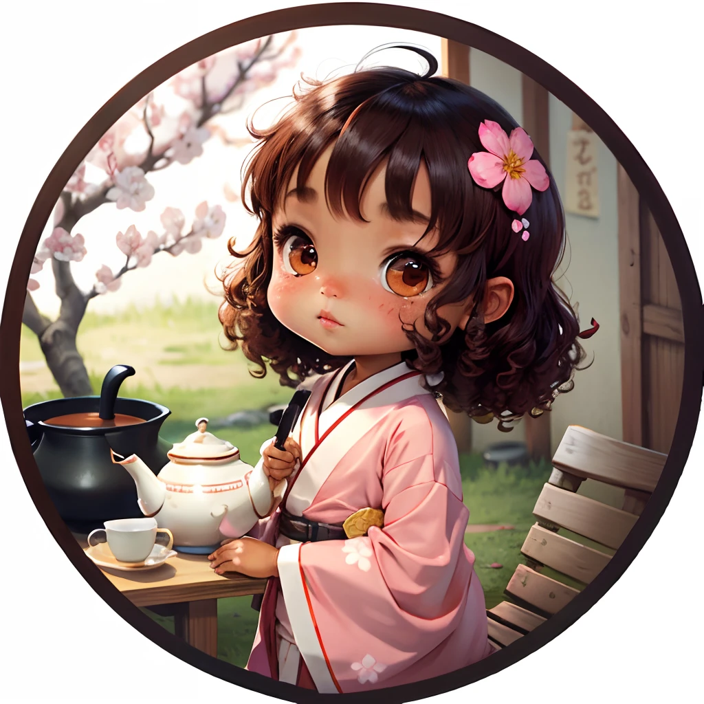 Cute brown skinned chibi anime, with freckles,white and pink kimono, drink tea, curly black hair, in a frame, in a teapot, cherry blossom