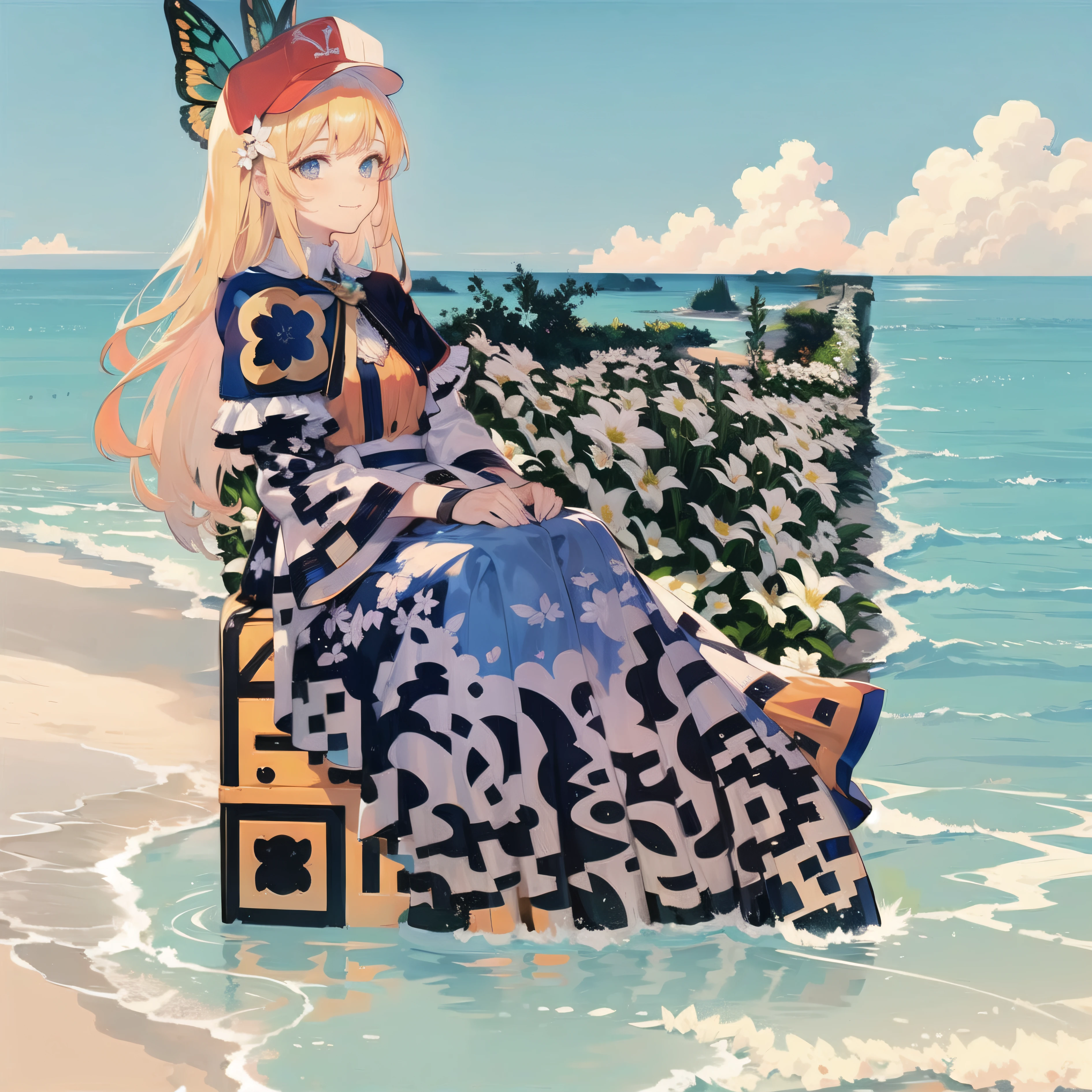 Anime girl sitting on bench on beach,A butterfly is worn on his head, marisa kirisame, Guviz-style artwork, ((a beautiful fantasy empress)), inspired by Nishikawa Sukenobu, the goddess of summer, Guviz, Have by the sea, Digital art on Pixiv, zerochan art, Beautiful anime, lollipop