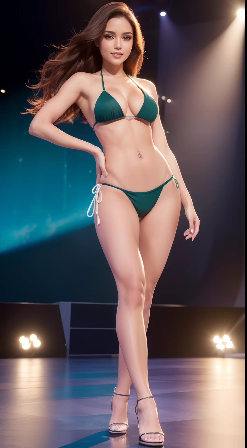 ((full body)), (8K, Best Quality, masterpiece), (Realistic, Photorealsitic), of the highest quality, masterpiece, Beautuful Brazilian female, adult female, Miss Brazil, (((in bikini, thin abs))), (((on the stage))), Small bust, slender, wavy hair,