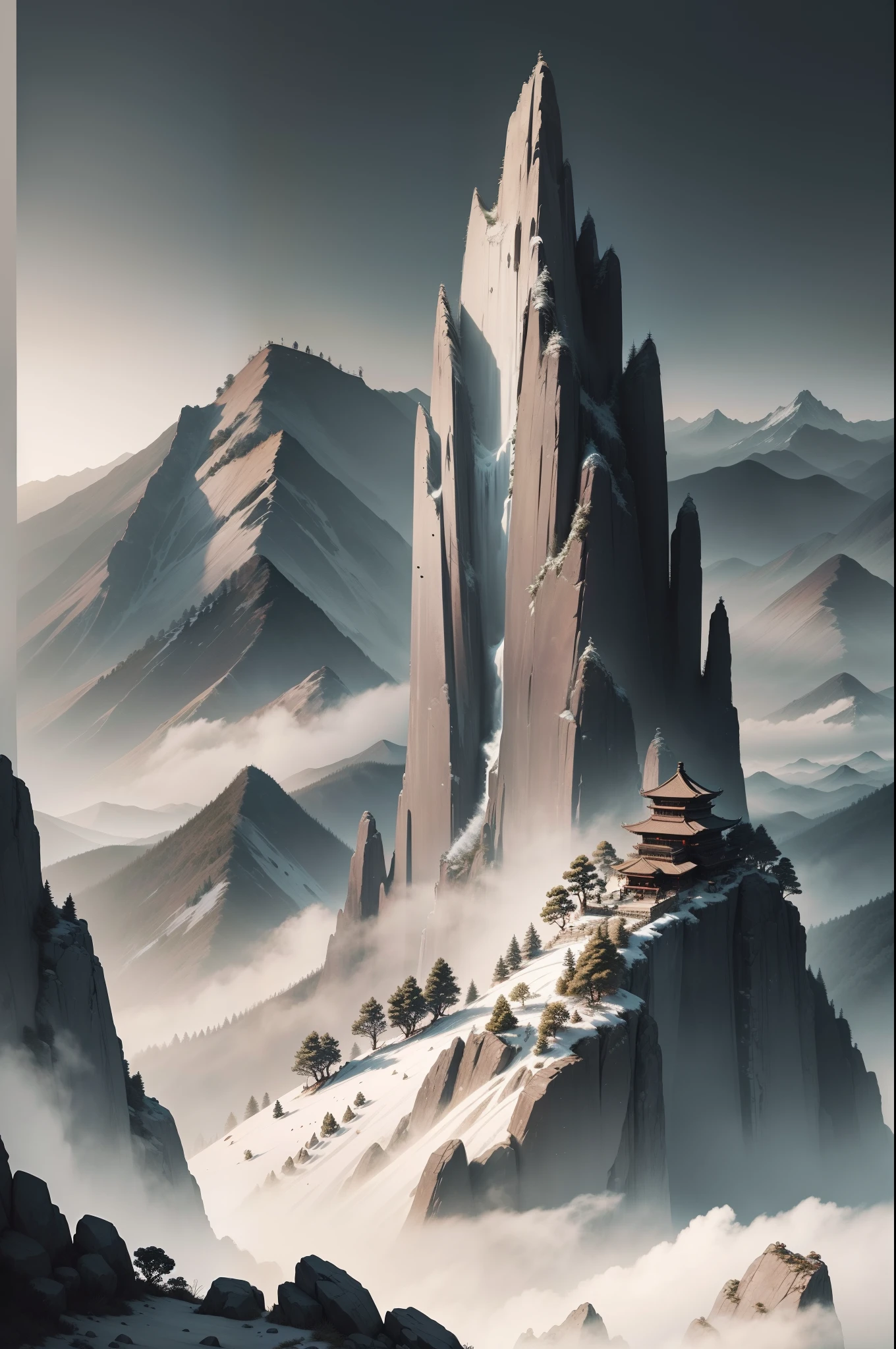 (Masterpiece, best quality: 1.2), traditional Chinese ink painting, high mountains, small hillsides, rocks, trees, no humans, cliffs