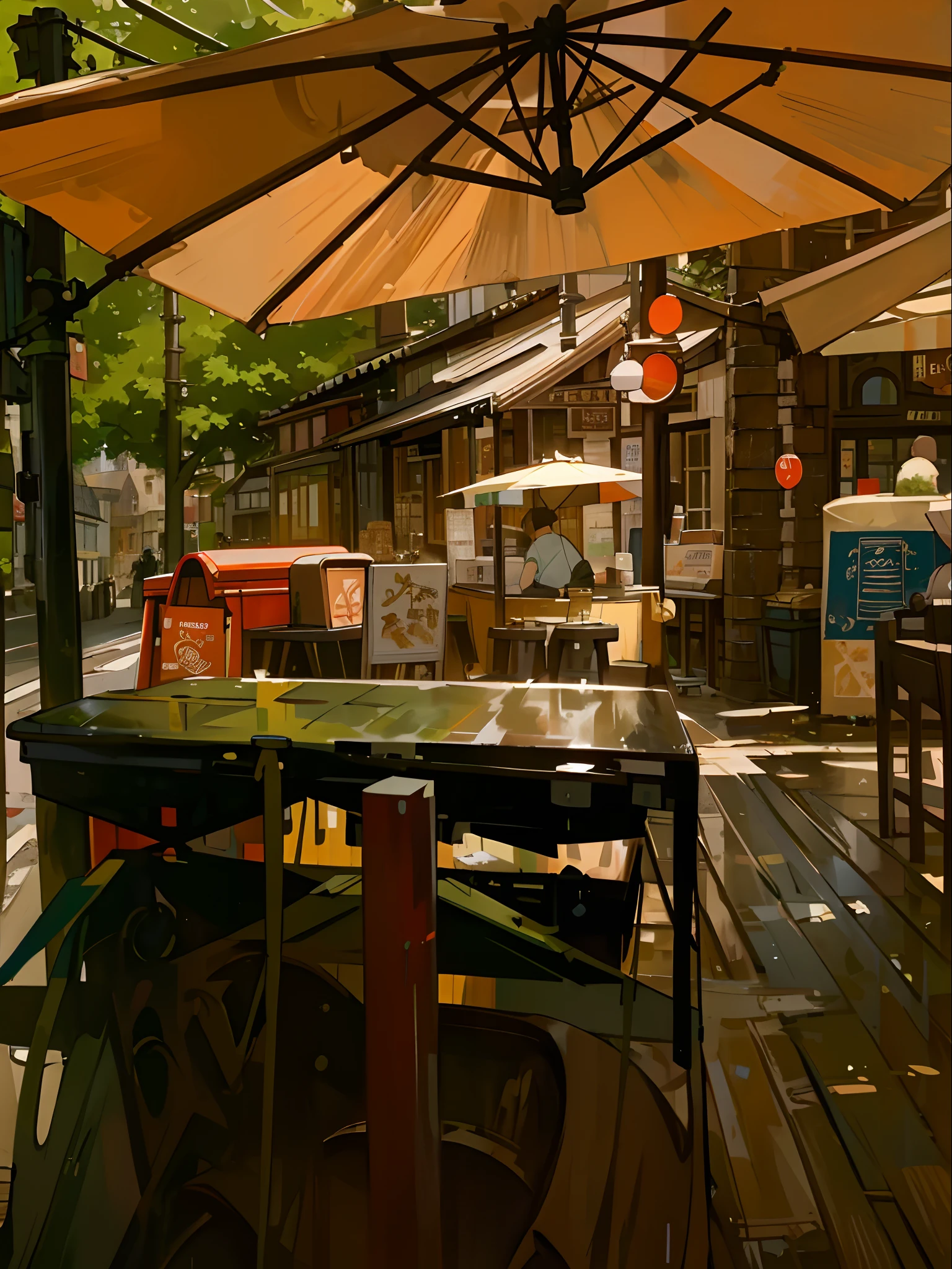 (masterpiece, best quality), Photo if a cafe ,wet Street,sunny day ,small shops,busy street , trash been,village,nostalgia, ultra quality, hyper detailed