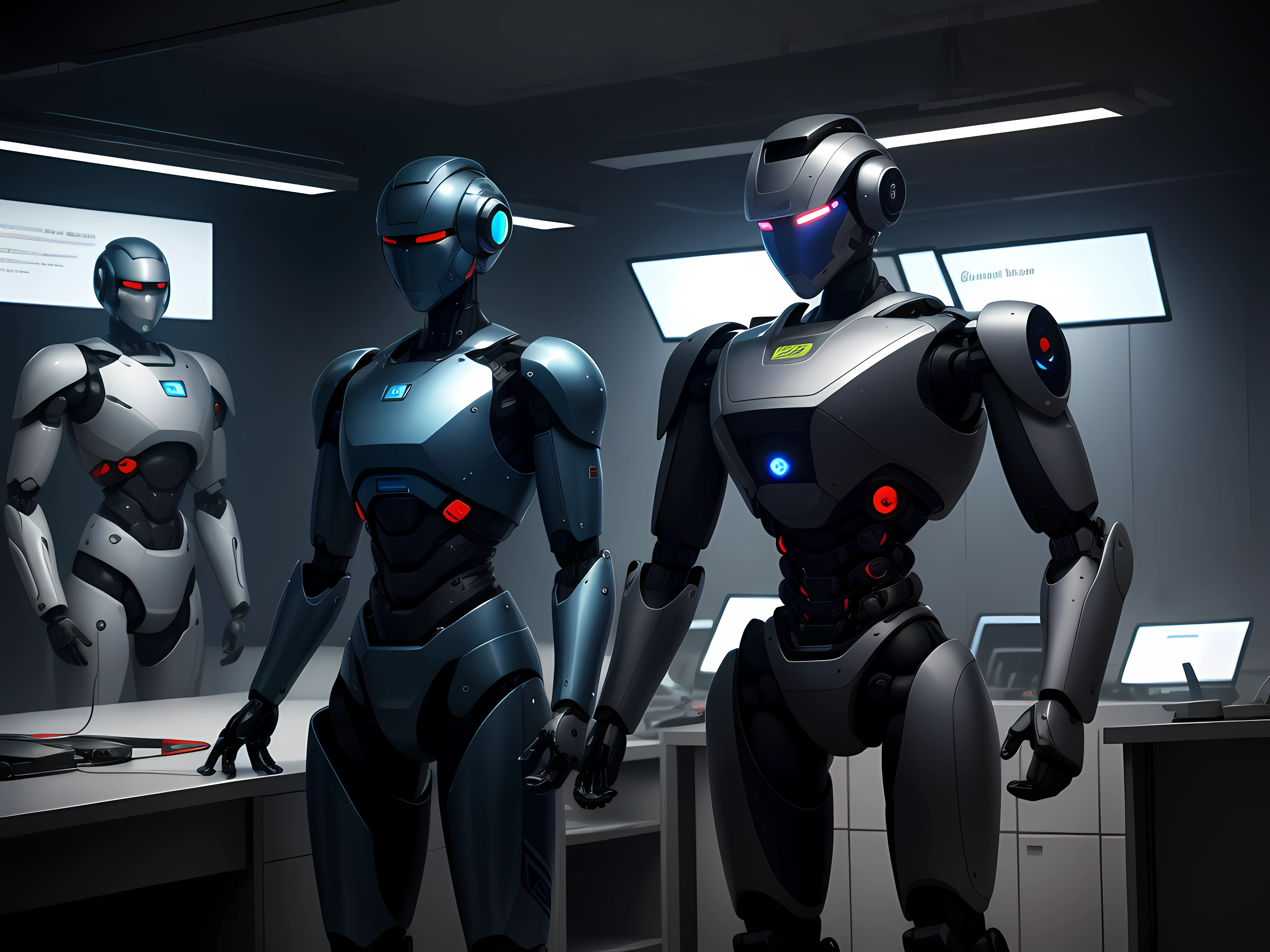 Lab at night with two blue humanoid robots, from behind, panorama