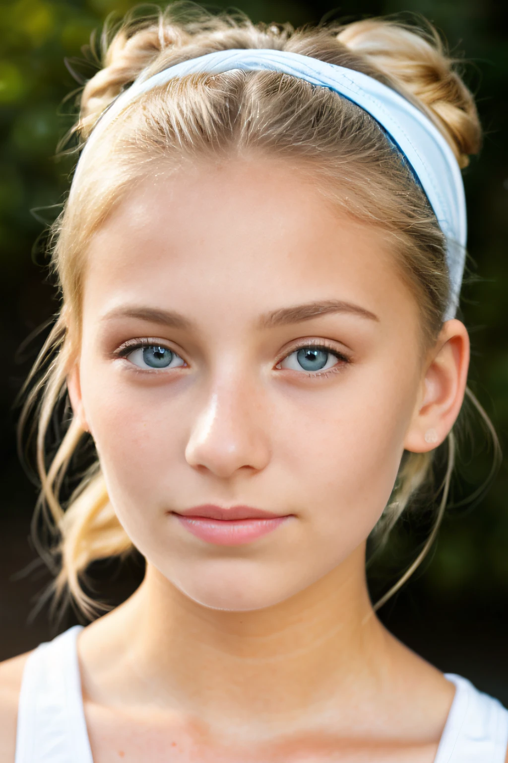 (frontal close-up),(frontal face),(-yeld gi,(angelic face),(blonde hair tied up in a high chignon),(blue eyes),(some freckles),(white headband)