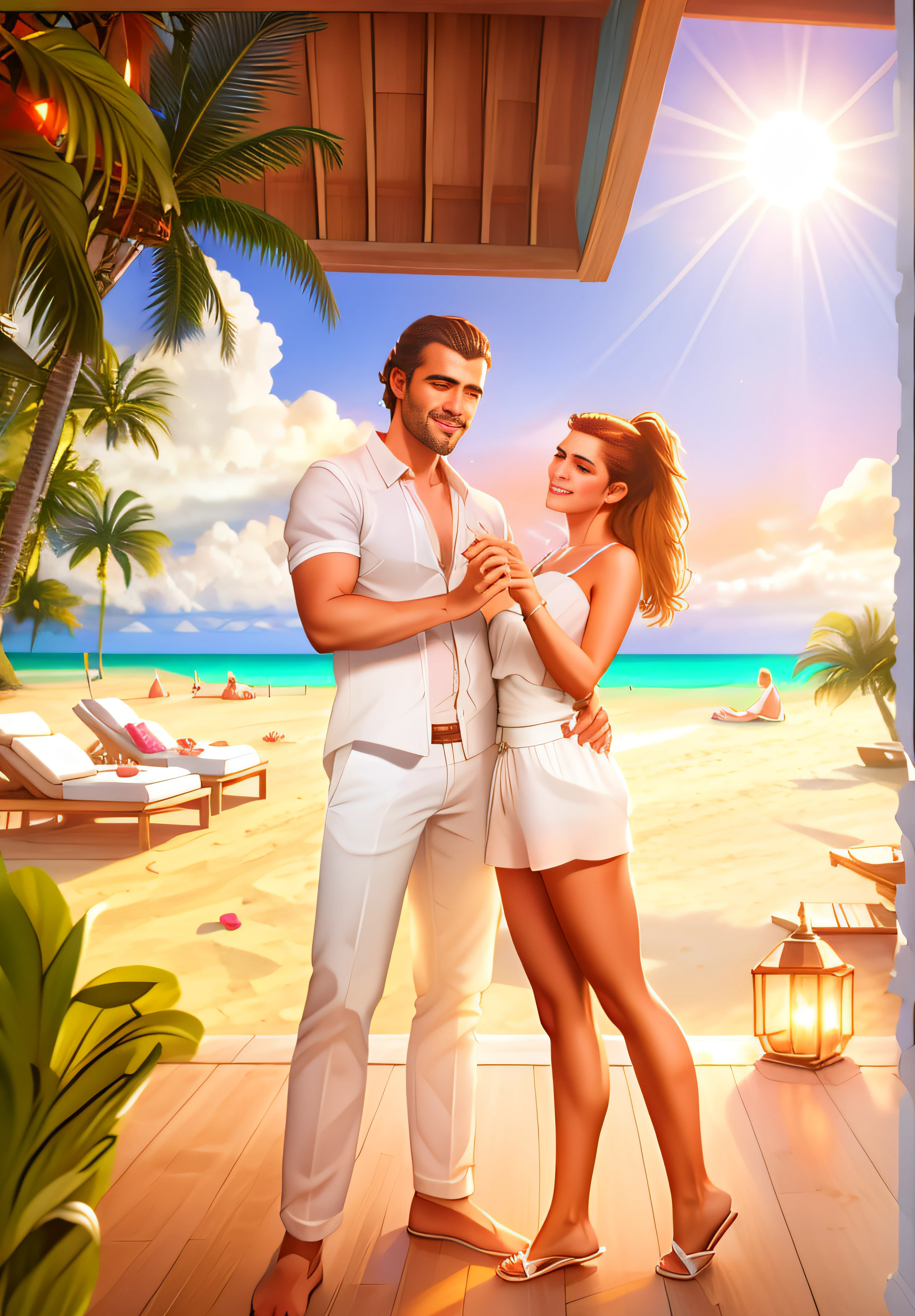 A man and a woman stand on a wooden floor, Palm Beach, midi,  Expensive Mediterranean resort beach,  by Aleksander Kotsis, romance novel cover, promotional render, promotional photo, Romantic, Summer season, Seb McKinnon, Romantic couple, Advertising photography, by Igor Grabar, Mathias Kohlros, by Alexander Kucharsky, by Milton Menasco, by Aleksander Gierymski