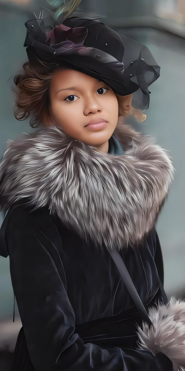Arafed woman in a black coat and hat with a fur necklace, Directed by: Emma Andijewska, Estilo de Julia Razumova, Directed by: Zofia Stryjenska, pelo cinzento, Directed by: Marie Bashkirtseff, Directed by: Natasha Tan, Directed by: Matija Jama, capuz de pele, Eva Elfie, inspirado em Emma Andijewska