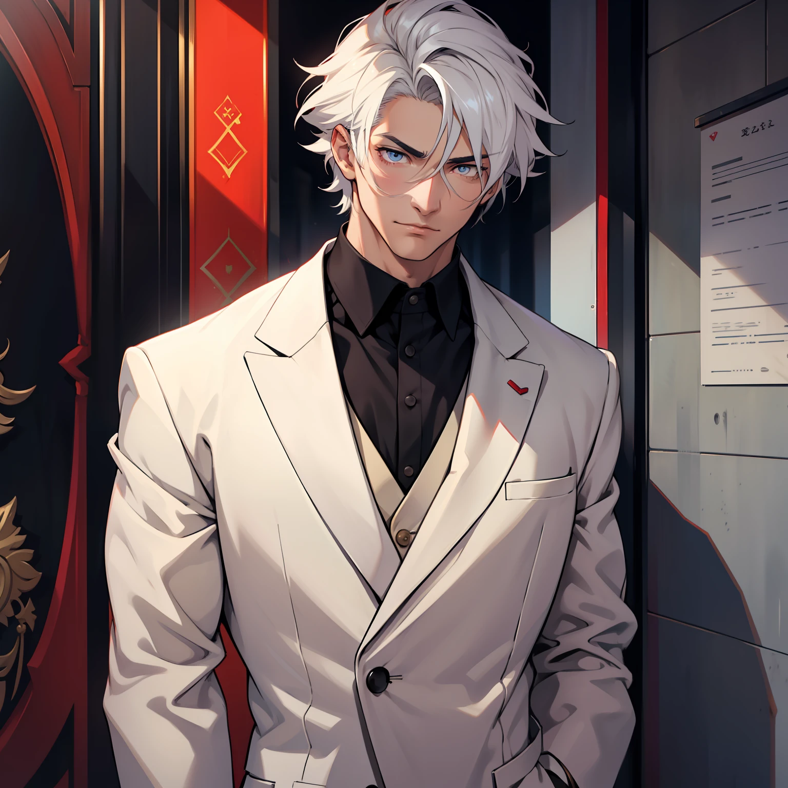 A man (Solo) Middle age, the character is tall, well built, and has an attractive physique. His hair is black and short, his skin is very white. His eyes are red color, the character can have a calm facial expression, but at the same time his gaze is steady and his eyes have lovesick light. In addition, the character wears elegant and formal doctor clothing. Anime/Manga style.