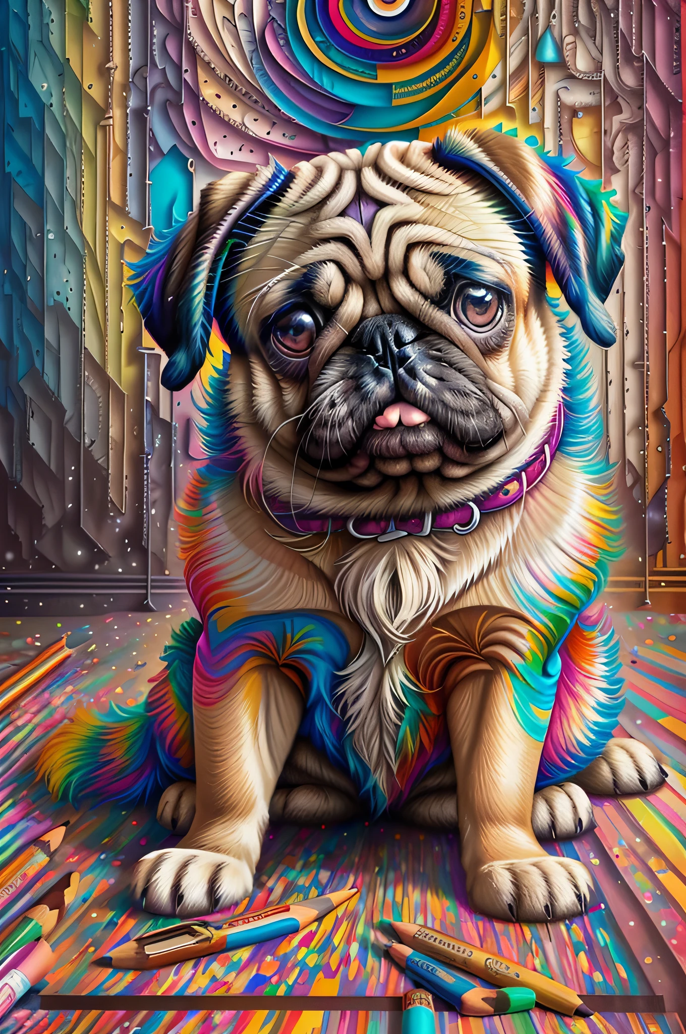 (Pug de cachorro ),(melhor pose),(best angle), (better happy expression), Eduardo Kobra acolchoamento ,multidimensional geometric wall PORTRAIT, arte, Chibi, Yang08k, lindo, Colouring, Primary works, qualidade superior, melhor qualidade, Arte Oficial, Beautiful and Aesthetic, pelos coloridos, sem fundo