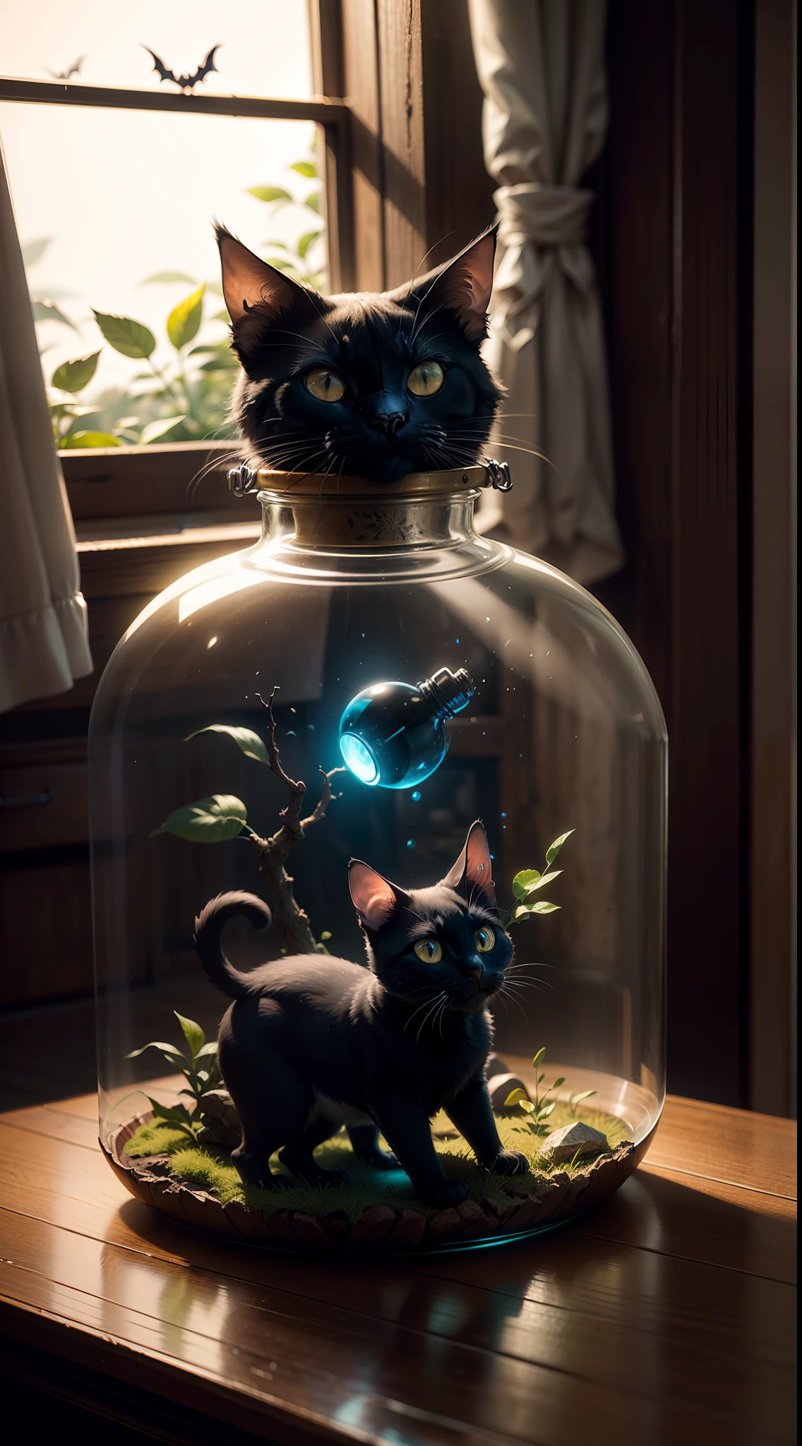 (concept-art), (Intricate witch's cabin,black cats,the bats,The landscape is trapped in a bottle), biocenosis,Anthropomorphic tree monsters, Thick glass, weathered, Atmospheric Oliva lighting, On a table, 4k UHD, Dark vibes, ultra - detailed, vivd colour, Epic composition, rendering by octane, Sharp focus, A detailed, 复杂, (Reflectors, refractions, Caustics:0.6), (High resolution equidistance), 8k, HDR, realisticlying:1.4