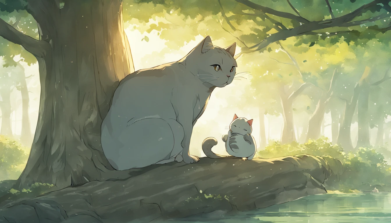 a cat sitting on top of the tree in fear of a hippopotamus underneath
