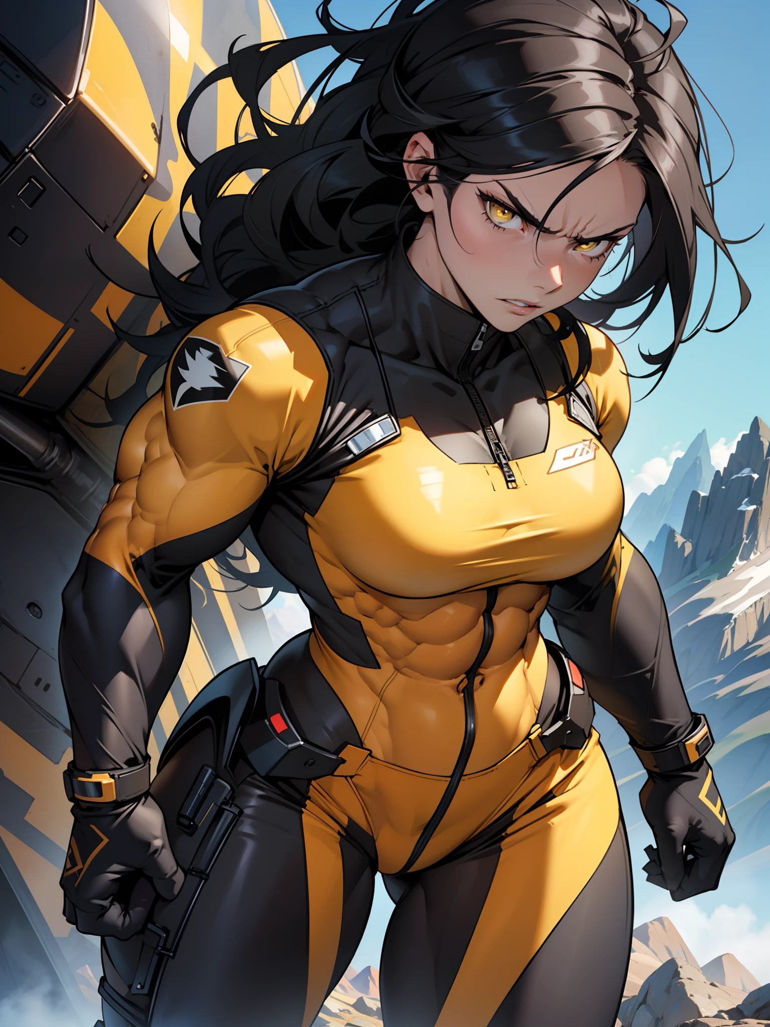 ((1 girl)), solo, black hair, extremely long hair, yellow eyes, (angry), pale skin, (((((((muscular))))))), ((thick thighs)), ((huge breasts)), (((black body suit))), (((wide hips))), mountain range background, (shiny skin), close up