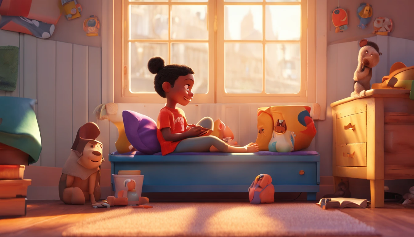 Illustrate a Disney-inspired cartoon sitting cross-legged on a cozy window seat in a sunlit room, holding a phone in their small hands. Sunbeams dance through the room, casting a warm glow on their face as they engage with the screen.