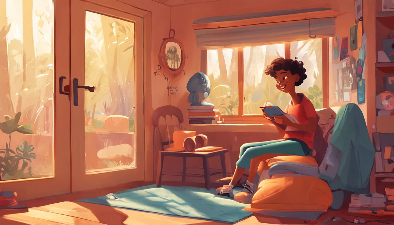 Illustrate a Disney-inspired cartoon child sitting cross-legged on a cozy window seat in a sunlit room, holding a phone in their small hands. Sunbeams dance through the room, casting a warm glow on their face as they engage with the screen.