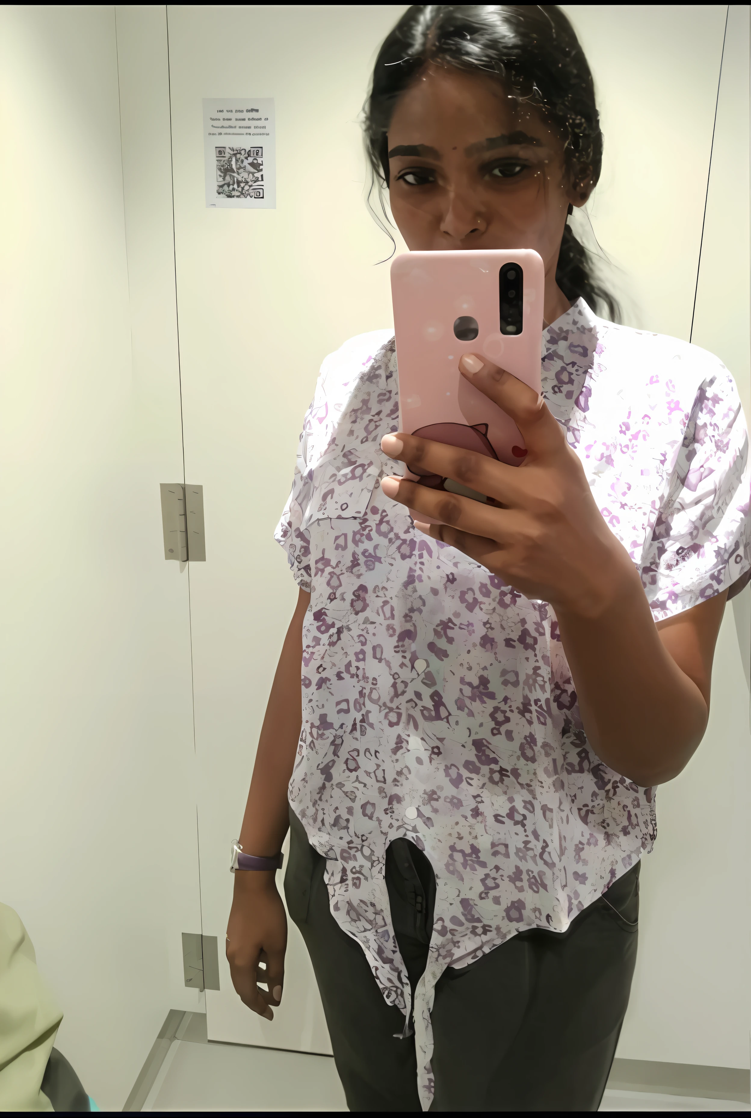 there is a woman taking a selfie in a mirror, wearing in shirt, mirror selfie, wearing pink floral chiton, outfit photo, very very low quality picture, wearing floral chiton, torn shirt, in bathroom, wearing a shirt, wearing purple undershirt, standing in front of a mirror, selfie photo, wearing a designer top, half body photo, full body picture