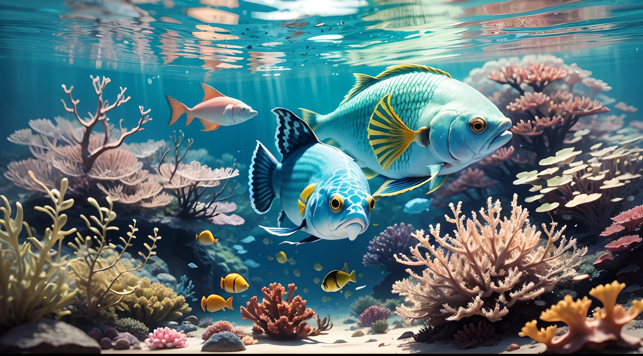 Diving, bikini, view from behind, corals, colorful fish