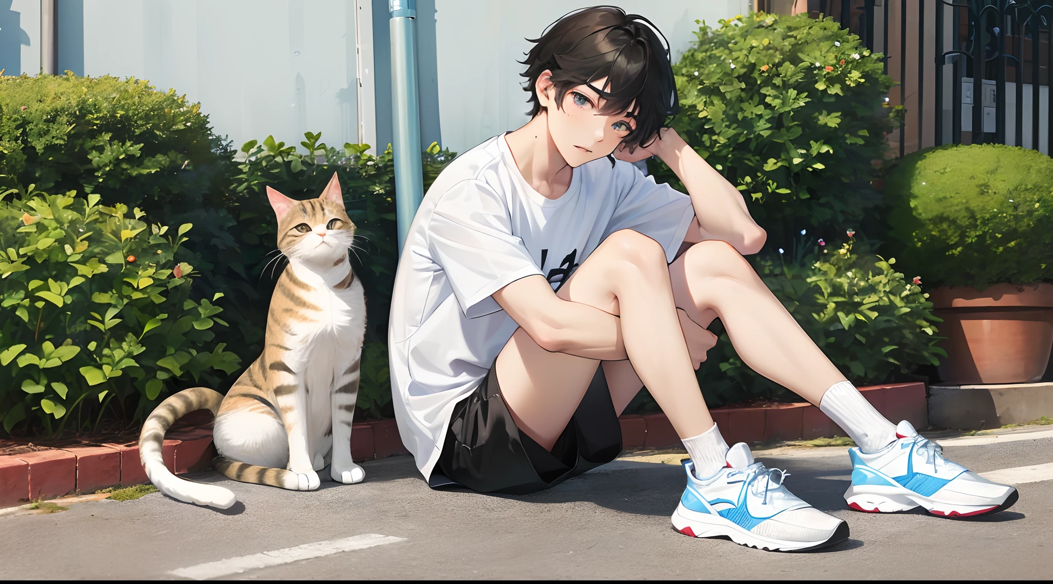 Draw a boy sitting on a step,There is a cat next to it。
The boy's facial features are delicate,There are muscles。
The boy wears a white shirt and black shorts,A pair of white running shoes and white socks。
Ruffian,The picture is outlined with lines
