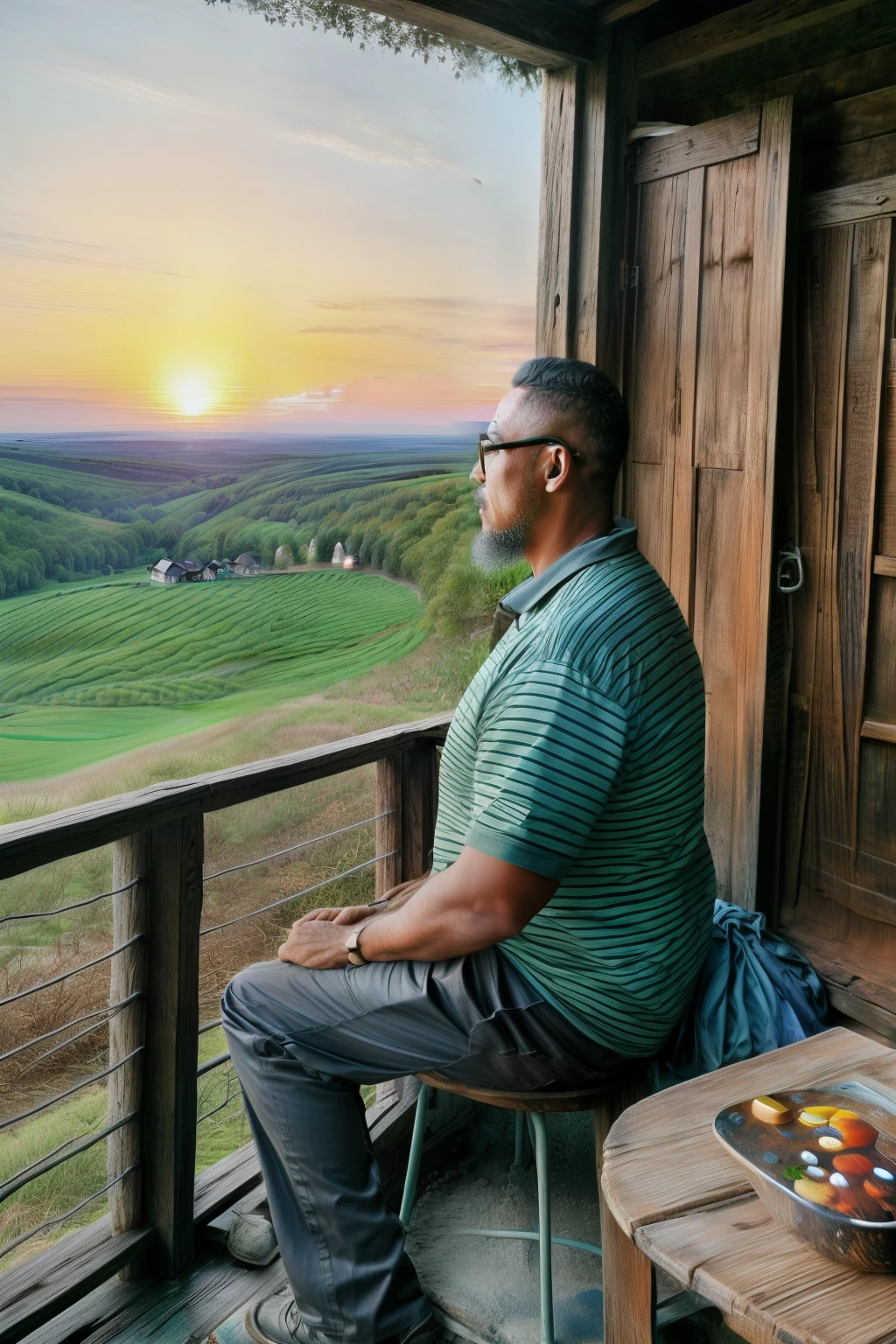 guttonerdvision12, ((best quality)), ((masterpiece)), ((realistic)), Craft a hyper-realistic masterpiece showcasing a man with glasses seated on a rustic wooden porch of his farm, deeply engrossed in appreciating the breathtaking sunrise. Ensure the painting captures the finest details of the scene, resembling the work of Andrew Wyeth. The warm, vibrant colors should depict the beauty of the countryside. This artwork should be an awe-inspiring portrayal of the serene morning. on eye level, scenic, masterpiece sol
