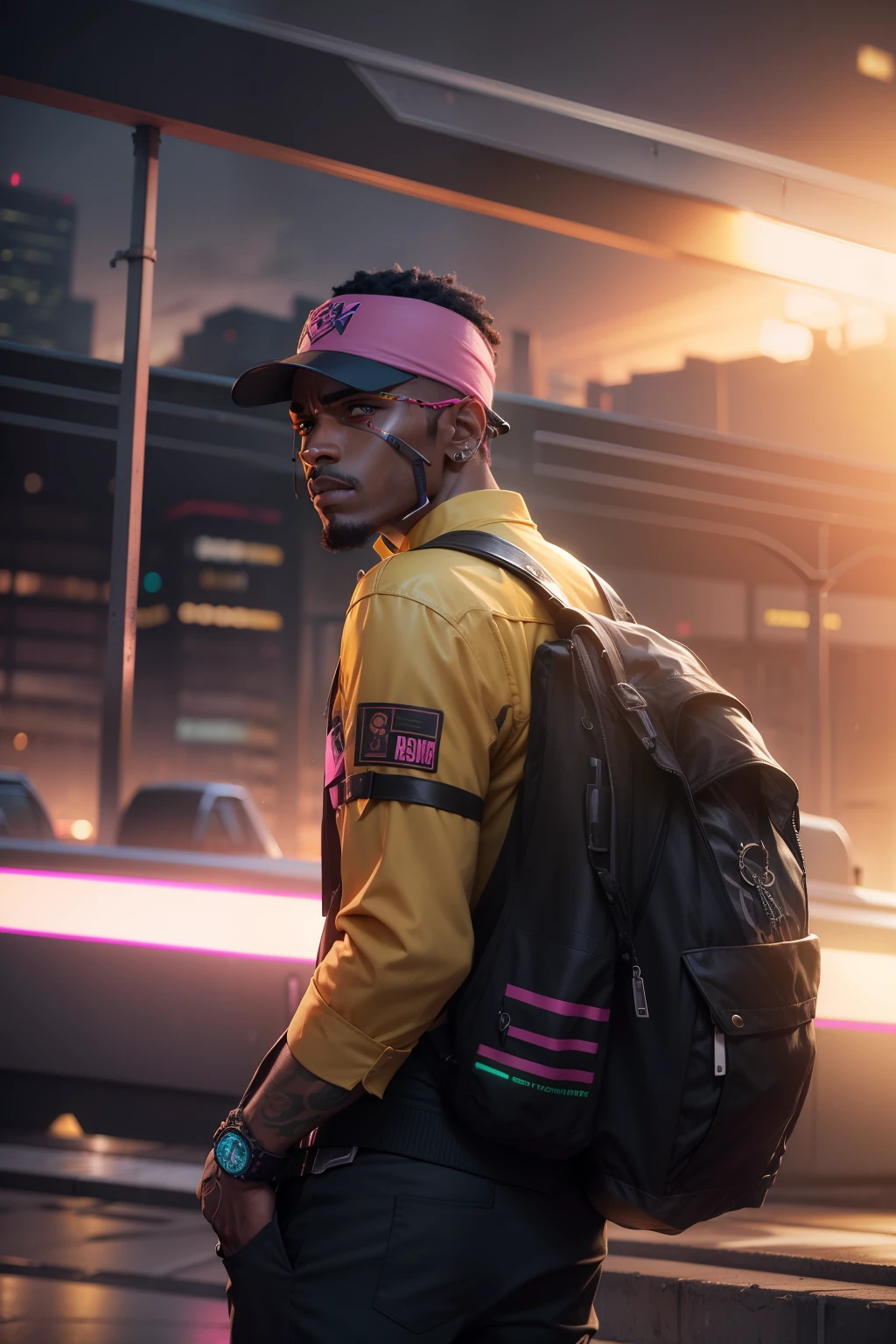 I'd like a cyberpunk style image in 4k average photo of two black characters ,homem e mulher ,portanto,africano, forte, musculoso,Bodybillder,muito forte de pele negra ,barba grande,barba, Estiloso Barbon,com cabelo punk estilo anos 80 na cor amarelo e cinza escuro,muito eLegante,, futurista e estiloso neon , com uma tatuagem super colorida e com neon ,Toattoo, facing a metro station on the platform , with station lights failing in a dimly lit environment, standing dressed in a dark yellow suit with a pink bow tie and baggy shirt.