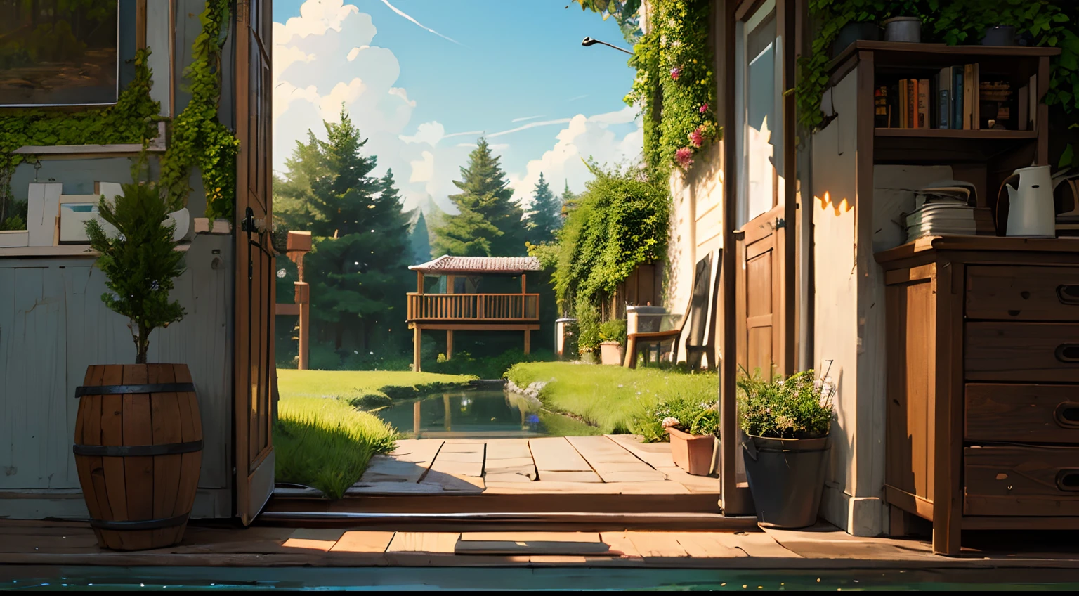 (micro-landscape:1.5),(best quality), ((masterpiece)), (highres), illustration, original, extremely detailed wallpaper, no humans, window, scenery, plant, water, potted plant, outdoors, building, door, house, flower pot, day, lily pad, chair, flower, table, stairs, watermark, hat, tree, sunlight, pond, grass, indoors, reflection, lamp, balcony, black headwear, bush, sky, railing, desk, open window, shelf, leaf, book, web address, copyright name, ladder, architecture, shadow, solo, dated, vines, vase, city, cafe, lantern, bucket, ruins, bench, shop, signature, moss, boat, barrel, river,