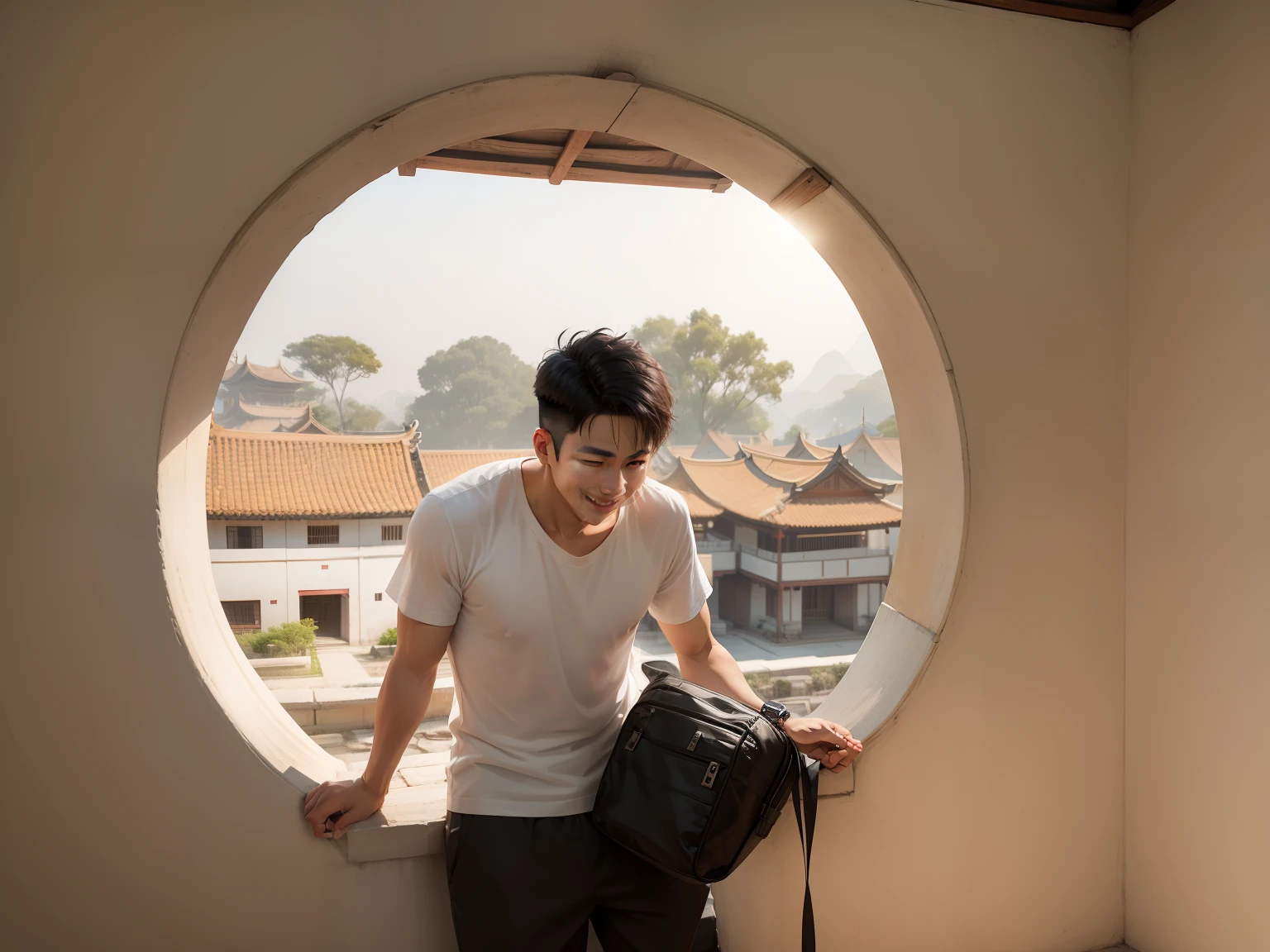 Nice post smart smile face boy white t shirt Chinese traditional house background besides Black bag