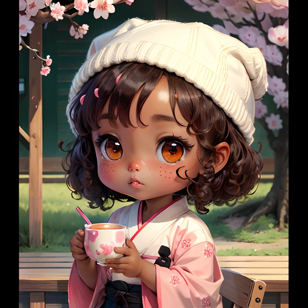 Cute brown skinned baby chibi anime, with freckles,white and pink kimono, drink tea, curly black hair, in a frame, drink hot tea, cherry blossom