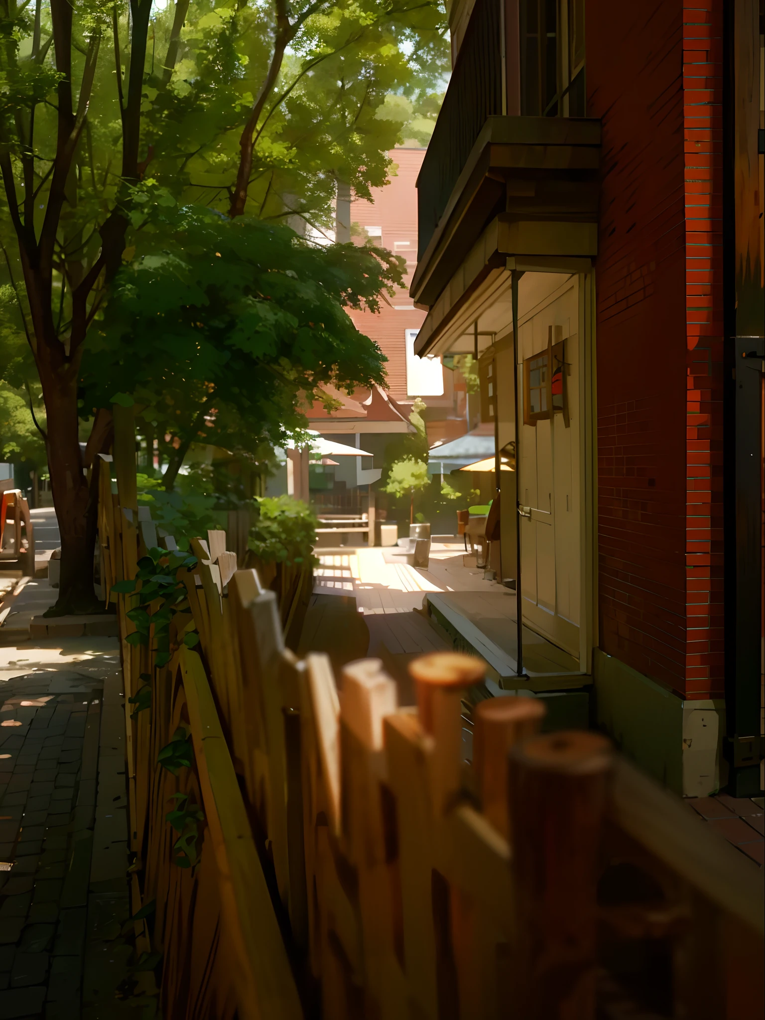 There is a fence,There is a wooden fence in front, restaurant exterior photography, 2 4 mm iso 8 0 0 color, f / 1. 9 6. 8 1 mm ISO 4 0, depth of field 20mm, Photo taken with Sony a7R camera, Residential houses, shot on leica sl2, 8K 50mm ISO 10