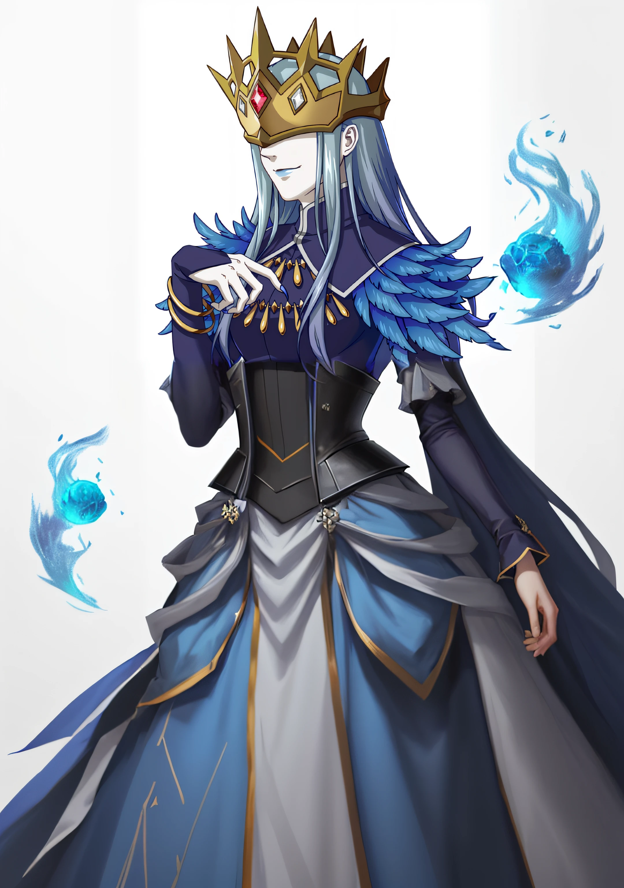 Close-up of a man wearing a crown and a blue dress, queen of blades, ((a beautiful fantasy empress)), inspired by Li Chevalier, Empress, wearing a crown and suit, Portrait Chevaliers du Zodiaque Fille, Palatial and threatening faces, yugioh art style, wears a light grey crown, 《Fire Emblem》Lucina