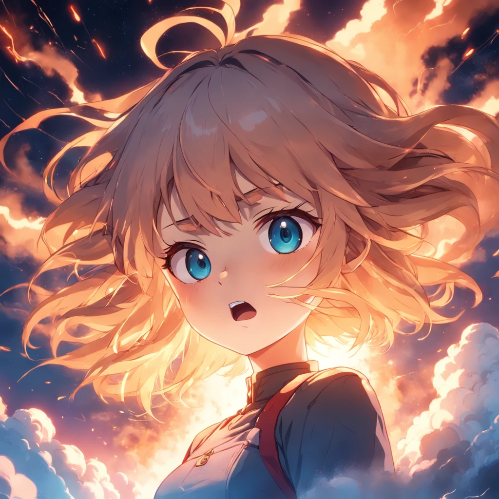 anime, masterpiece, best quality, movie still, 1man, cloud girl, floating in the sky, close-up, bright, angry, warm soft lighting, sunset, (sparks:0.7)