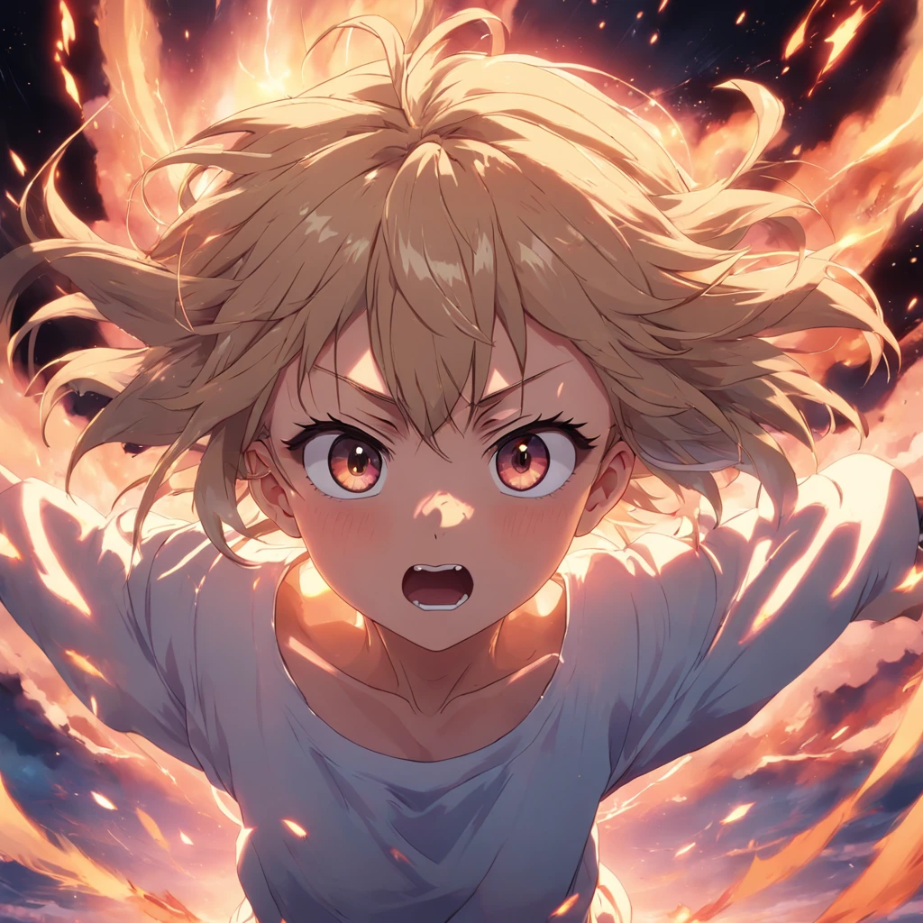 anime, masterpiece, best quality, movie still, 1man, cloud girl, floating in the sky, close-up, bright, angry, warm soft lighting, sunset, (sparks:0.7)