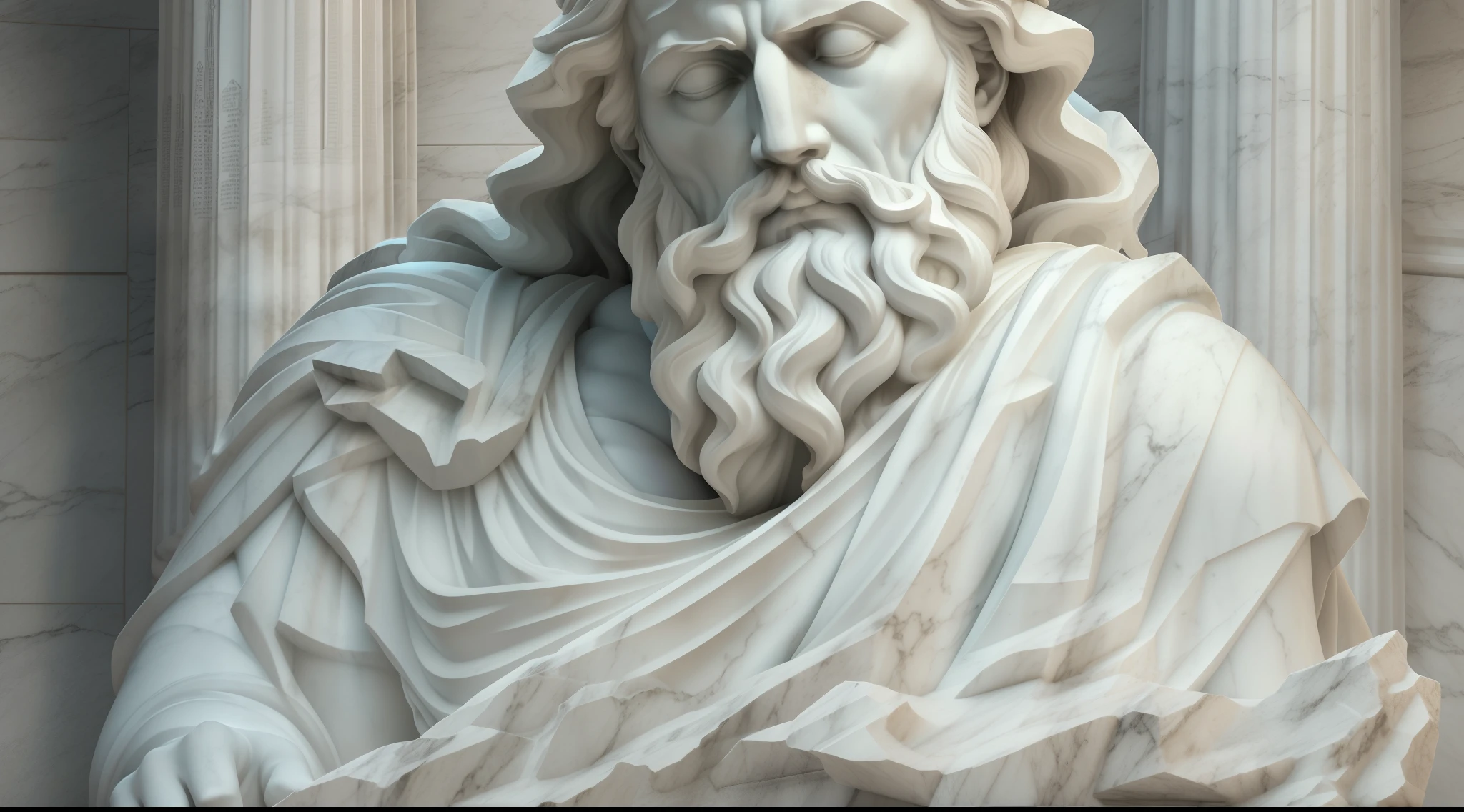 Deus Grego Zeus dormindo. A realistic Greek white marble statue of the Greek god Zeus detailed wearing a ghostly toga, dormindo em uma rede celestial, fundo neutro, Moody, super detalhada, Hiper realista, luzes brilhantes, 8 mil