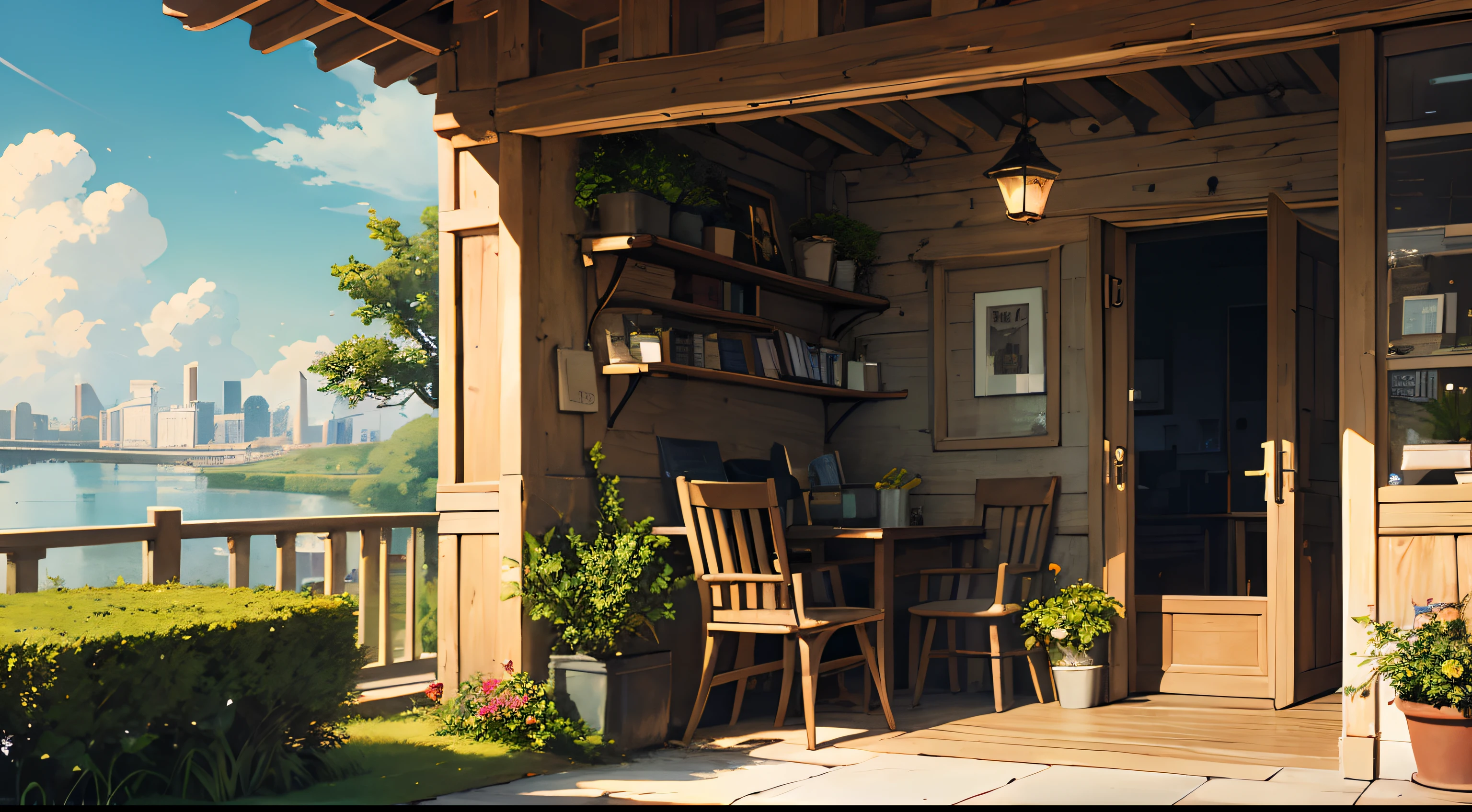(micro-landscape:1.5),(best quality), ((masterpiece)), (highres), illustration, original, extremely detailed wallpaper, no humans, window, scenery, plant, water, potted plant, outdoors, building, door, house, flower pot, day, lily pad, chair, flower, table, stairs, watermark, hat, tree, sunlight, pond, grass, indoors, reflection, lamp, balcony, black headwear, bush, sky, railing, desk, open window, shelf, leaf, book, web address, copyright name, ladder, architecture, shadow, solo, dated, vines, vase, city, cafe, lantern, bucket, ruins, bench, shop, signature, moss, boat, barrel, river,