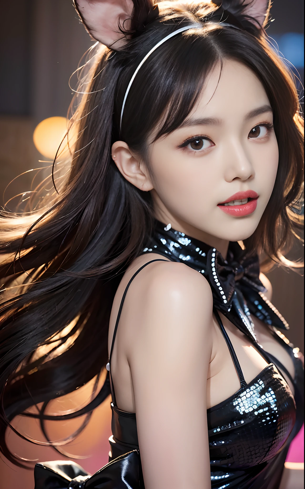 there is a woman with long hair wearing a black dress, 8K Artgerm bokeh, portrait of female korean idol, gorgeous chinese models, trending on cgstation, Realistic young gravure idol, Shot on Canon EOS R 6, inspired by Yanjun Cheng, shot on a Canon EOS R5, shot on canon eos r 5, Soft portrait shot 8 K