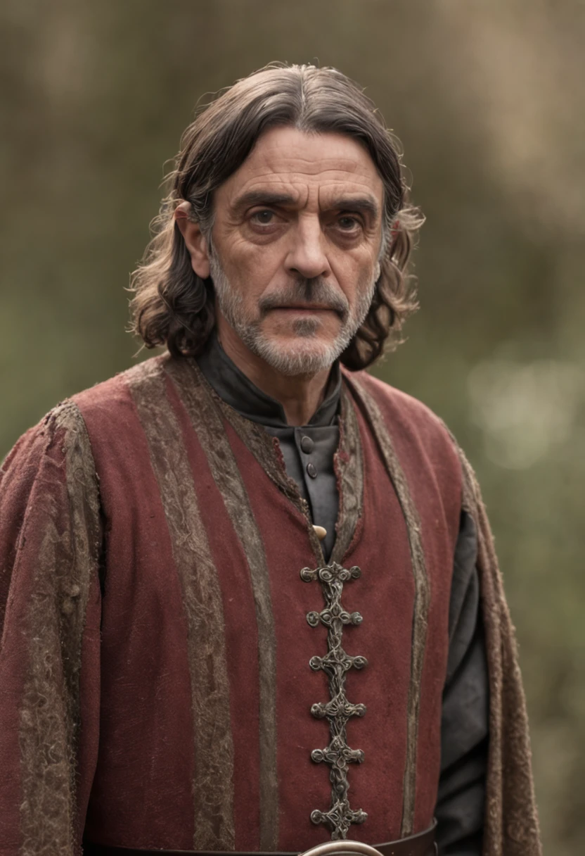 fotografia de retrato, foto de rosto de uma mistura entre Jeremy Irons e Ian McShane como um pastor de fantasia medieval de 90 anos, Enrugada, olhares revoltantes com sangue, Cabelo curto de sal e pimenta, cavanhaque, Serious expression, roupas de pastor de fantasia medieval em tons de amarelo, em um campo medieval, The colors are masterfully captured by the Nikon D850 and a Nikon AF-S NIKKOR 70-200mm f/2.Lente 8E FL ED VR, Pedro Jackson, fantasia, Historical, sangue a escorrer pela boca, a segurar um iPhone 14