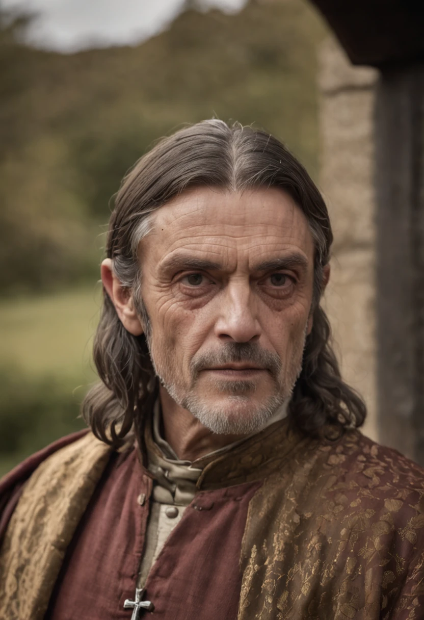 fotografia de retrato, foto de rosto de uma mistura entre Jeremy Irons e Ian McShane como um pastor de fantasia medieval de 90 anos, Enrugada, olhares revoltantes com sangue, Cabelo curto de sal e pimenta, cavanhaque, Serious expression, roupas de pastor de fantasia medieval em tons de amarelo, em um campo medieval, The colors are masterfully captured by the Nikon D850 and a Nikon AF-S NIKKOR 70-200mm f/2.Lente 8E FL ED VR, Pedro Jackson, fantasia, Historical, sangue a escorrer pela boca, a segurar um iPhone 14