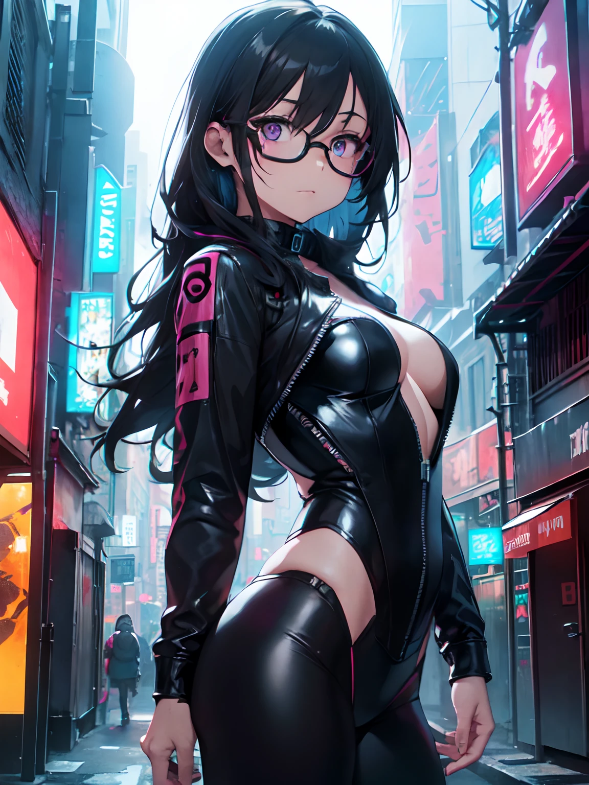 1girl ,masterpiece, best quality, ultra-detailed, illustration, cyberpunk rebel hacker
Style: futuristic urban
Quality: sharp and dynamic, portraying the character's tech-savvy persona
Lighting: neon city lights reflecting off her cybernetic enhancements
Shading: bold contrasts emphasizing her confident and daring nature
Clothing: leather jacket over high-tech bodysuit, augmented reality glasses
Background: gritty back alley filled with holographic graffiti and neon signs