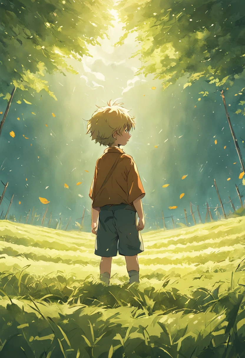 There was a little boy standing on the edge of the field, , 3 years old, idyllic and fruitful land, naïve，plump，and the sun was shining brightly， kid,, Inspired by Aaron Dad