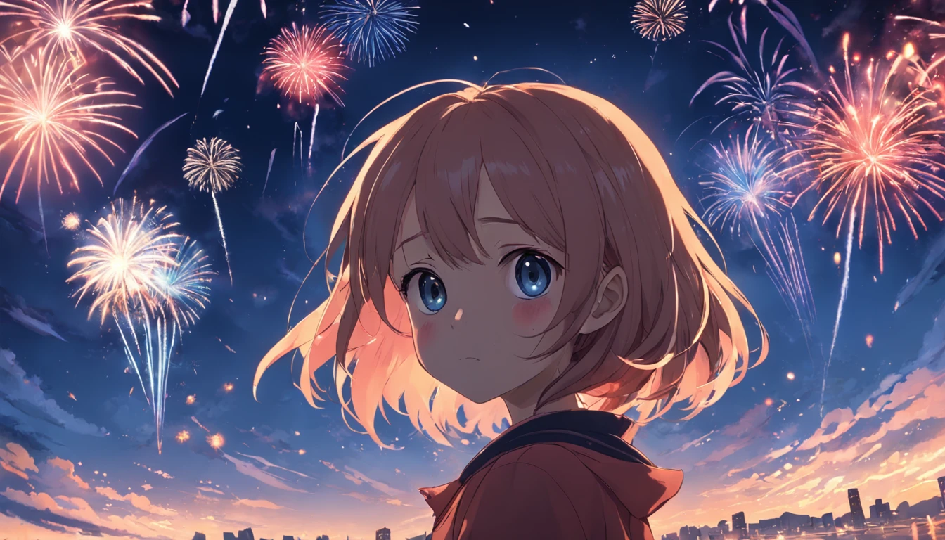 1girll，sideface，Sideways，Fireworks in bloom，Colorful fireworks，fire works，daysies，Floating in the sky，brightly，cheerfulness，Warm and soft lighting，early evening，Blue，Light clouds，Bar cloud
