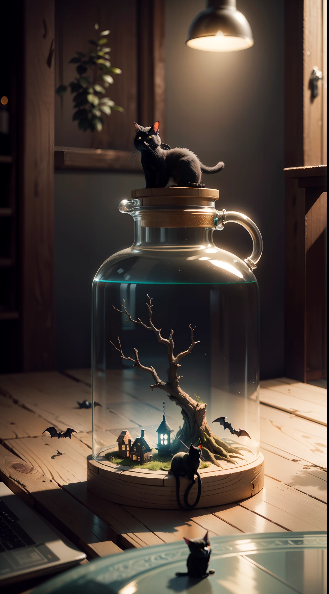 (concept-art), (Intricate witch huts,The scenery is trapped in a bottle),Biosymbiosis,Anthropomorphic tree monsters,black cats,the bats,Thick glass, Weathered, Atmospheric Oliva lighting, On a table, 4K ultra HD, Dark vibes, ultra - detailed, vivd colour, Epic composition, rendering by octane, Sharp focus, A detailed, 复杂, (Reflectors, refractions, Caustics:0.6), (High resolution equidistance), 8K, hdr, realisticlying:1.4