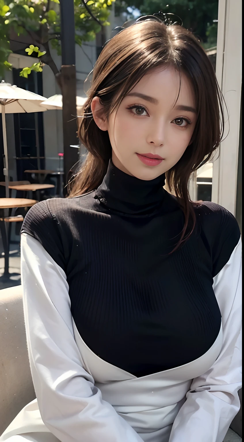 ((A mature woman sits in front of a café)),((turtleneck shirts:1.3)). 40k, Photography, Masterpiece, Best quality, dark grey background, ((Mature women, Wife, Mom, A MILF)), ((A plump chest)), Perfect face, perfect boobs, ((Breast-huge)), ((1 girl with brown eyes and gorgeous light black hair)). a Pretty Japanese woman,full soft breasts and white skin, ((very soft breasts)). Ultra-detailed face, Detailed eyes, Embarrassed, Smile, Summer, Daytime, (((Slave collar))), Half body, dated