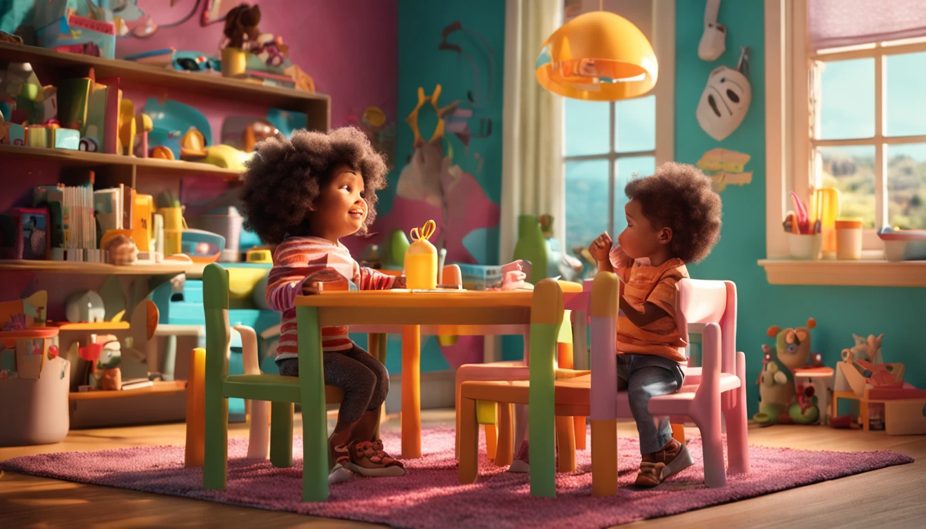 Craft a scene featuring a whimsical room with a child seated at a vibrant, child-sized table. The natural light spills in through a large window, illuminating the room and the child's expression as they hold a phone, their excitement evident.