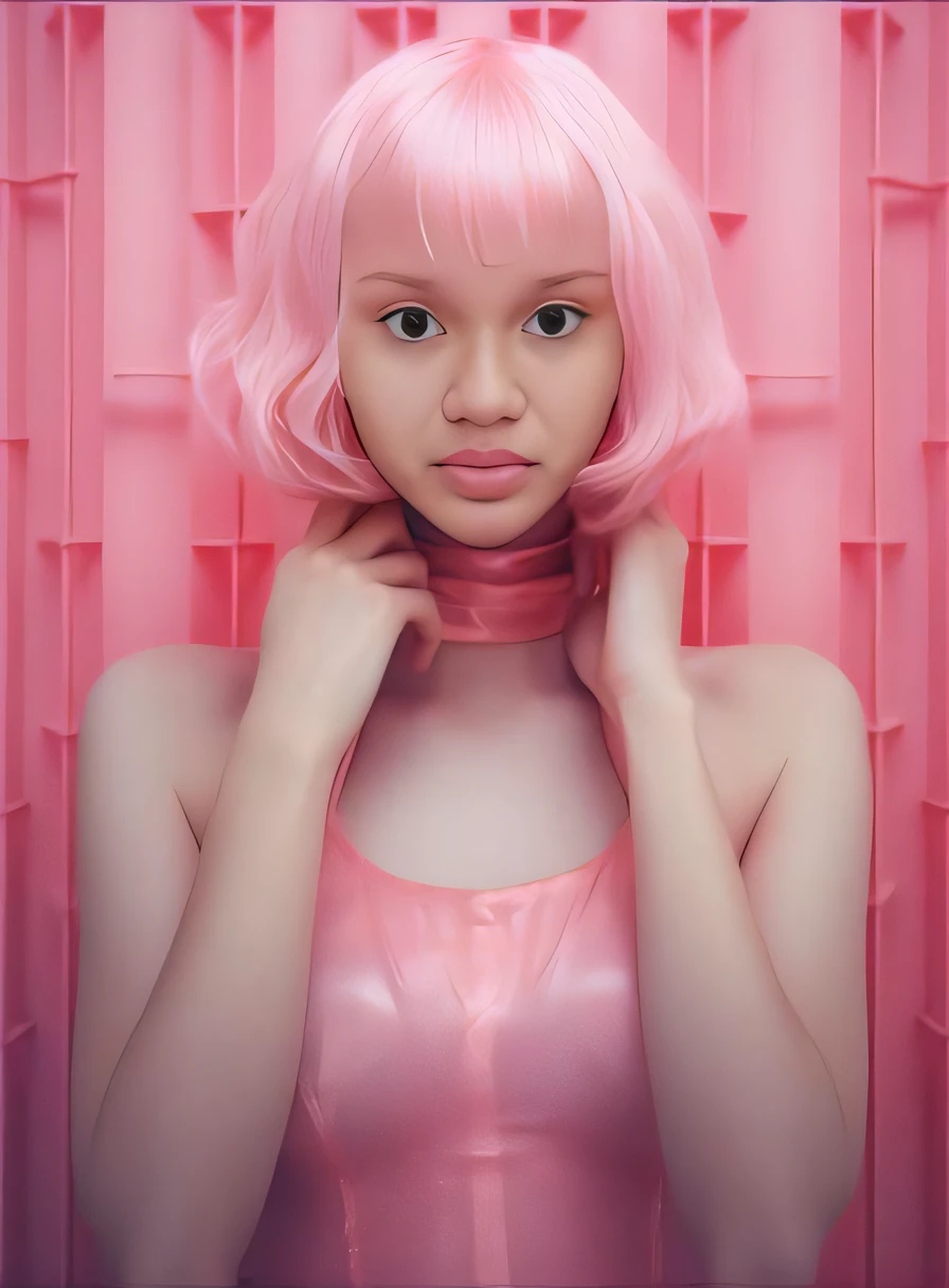 There's a woman with pink hair posing for a photo, menina cor-de-rosa, rosa pastel, Pele rosa, tom de pele rosa pastel, corpo chiclete, cara rosa, cabelo chiclete, rosa pastel, menina bonito com cabelo rosa curto, algum rosa, com cabelo rosa, corpo rosa, pele rosa lisa, pink iconic character, coberto de carne rosa, rosa vibrante