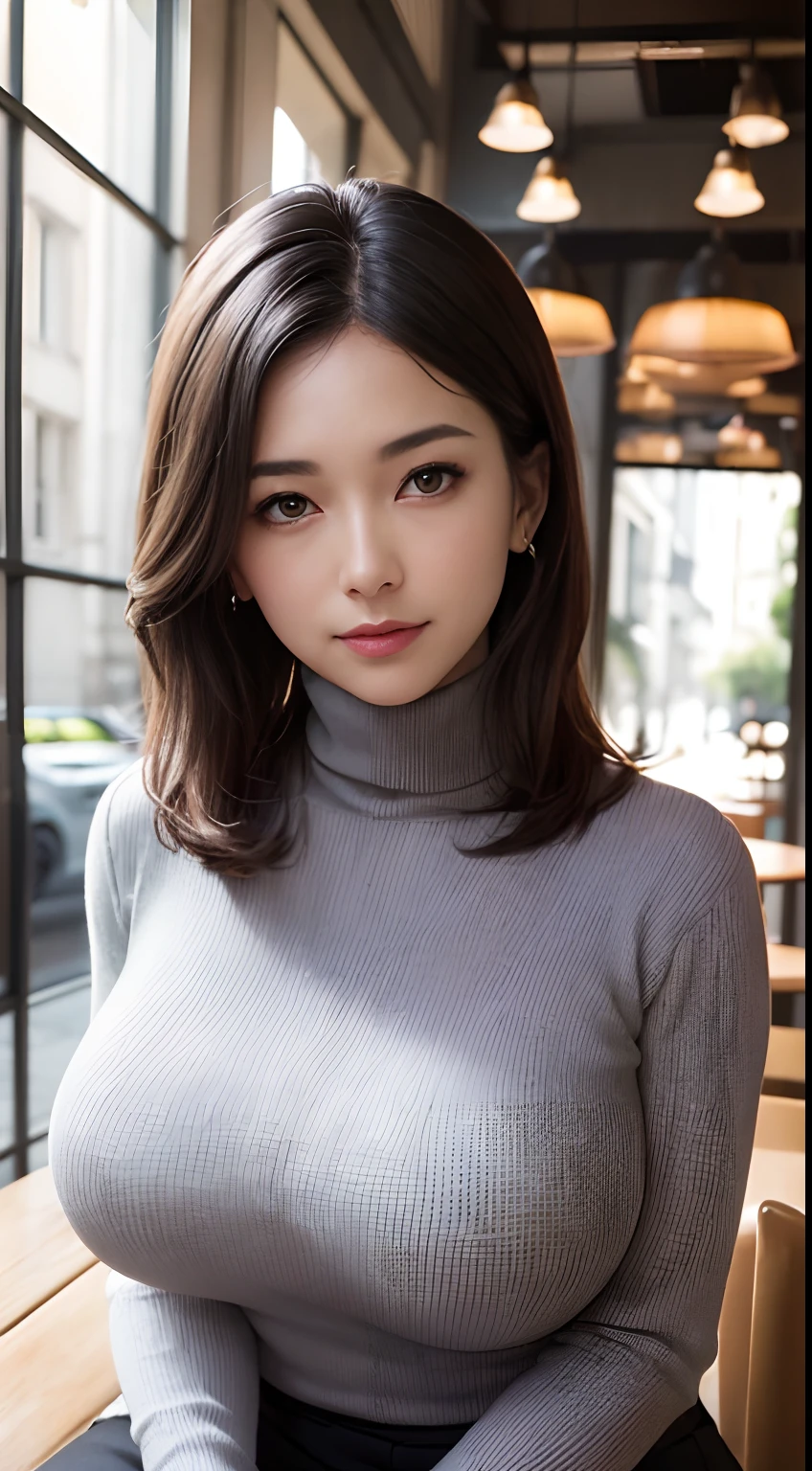 ((A mature woman sits in front of a café)),((turtleneck shirts:1.3)). 40k, Photography, Masterpiece, Best quality, dark grey background, ((Mature women, Wife, Mom, A MILF)), ((A plump chest)), Perfect face, perfect boobs, ((Breast-huge)), ((1 girl with brown eyes and gorgeous light black hair)). a Pretty Japanese woman,full soft breasts and white skin, ((very soft breasts)). Ultra-detailed face, Detailed eyes, Embarrassed, Smile, Summer, Daytime, (((Slave collar))), Half body, dated