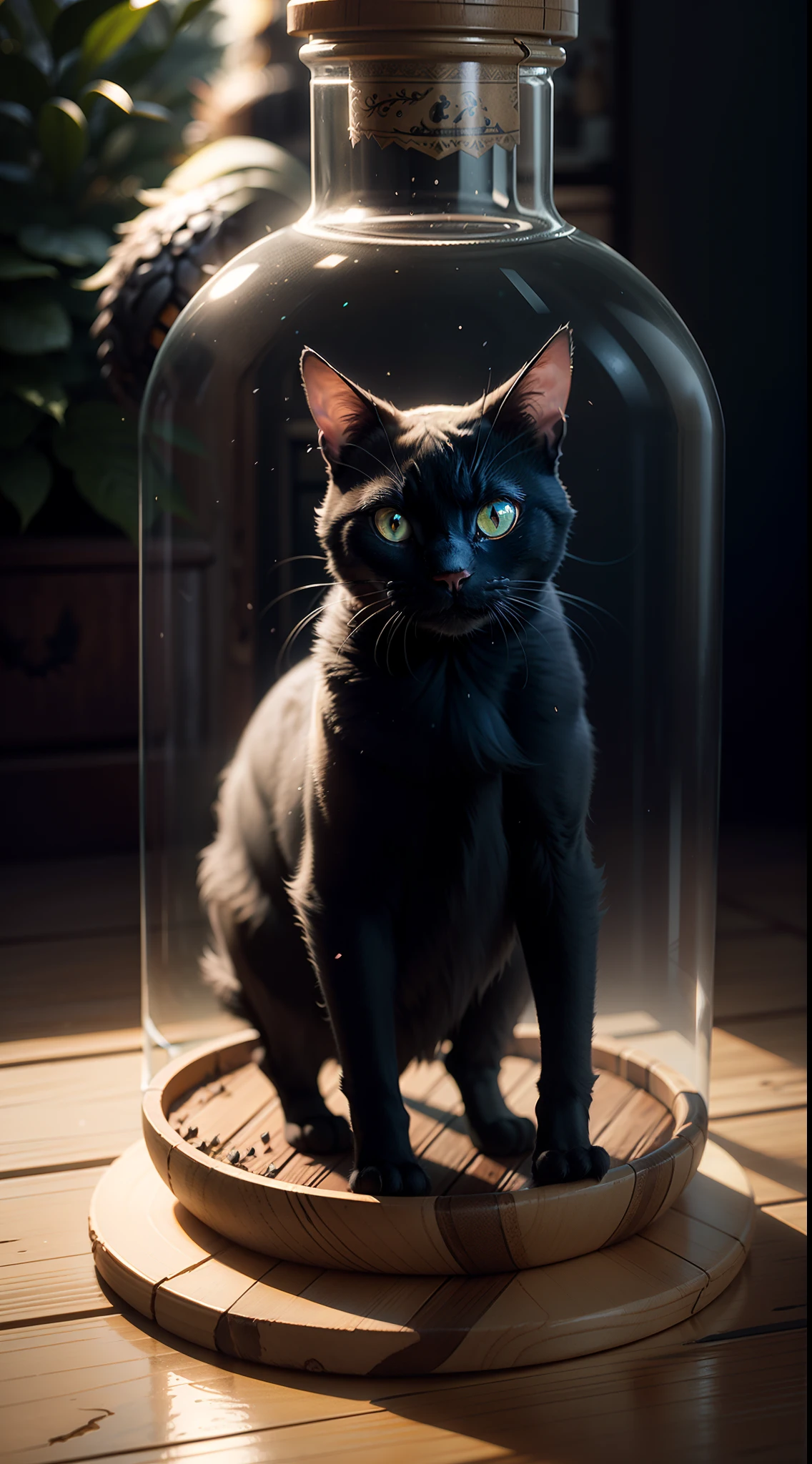 (concept-art), (Intricate witch huts,Trapped in a bottle), Biosymbiosis,Thick glass, Weathered,There is a black cat outside the bottle,the bats,Anthropomorphic dryads,Atmospheric Oliva lighting, On a table, 4K ultra HD, Dark vibes, ultra - detailed, vivd colour, Epic composition, rendering by octane, Sharp focus, A detailed, 复杂, (Reflectors, refractions, Caustics:0.6), (High resolution equidistance), 8K, hdr, realisticlying:1.4
